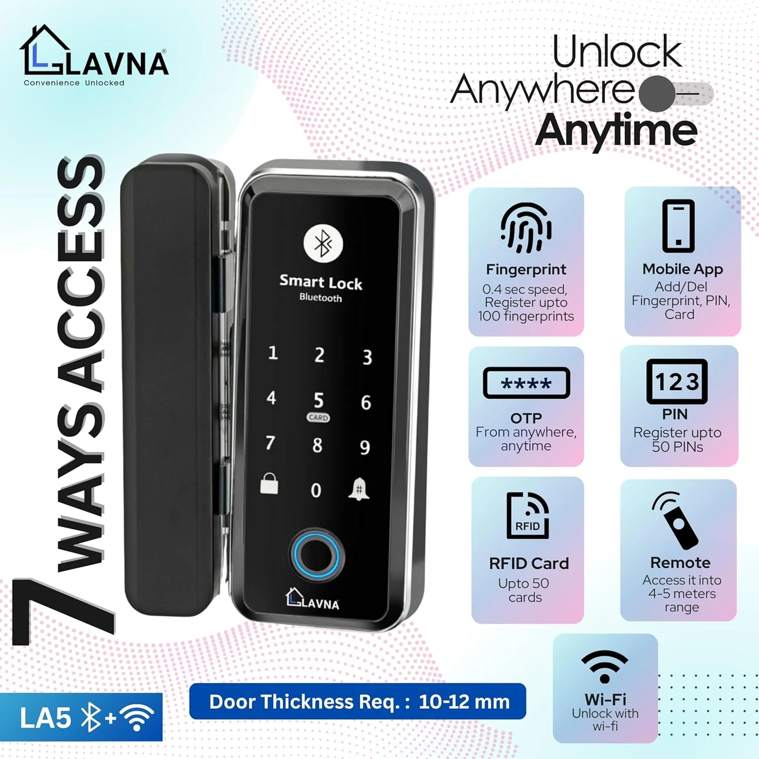قفل درب شیشه ای LAVNA LA5 با 7 روش دسترسی: اثر انگشت، وای فای، اپلیکیشن موبایل، ریموت، رمز یکبار مصرف، پین کد و کارت RFID فقط برای درب های شیشه ای 10-12 میلی متری (نسل جدید LA5)