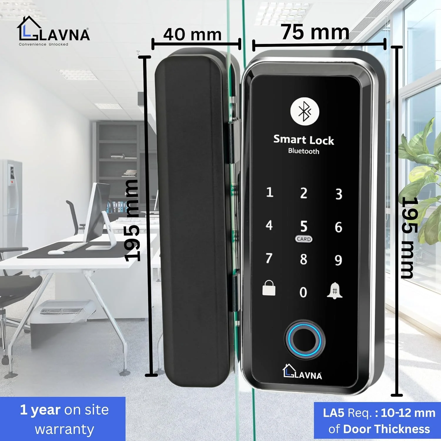 قفل درب شیشه ای LAVNA LA5 با 7 روش دسترسی: اثر انگشت، وای فای، اپلیکیشن موبایل، ریموت، رمز یکبار مصرف، پین کد و کارت RFID فقط برای درب های شیشه ای 10-12 میلی متری (نسل جدید LA5)