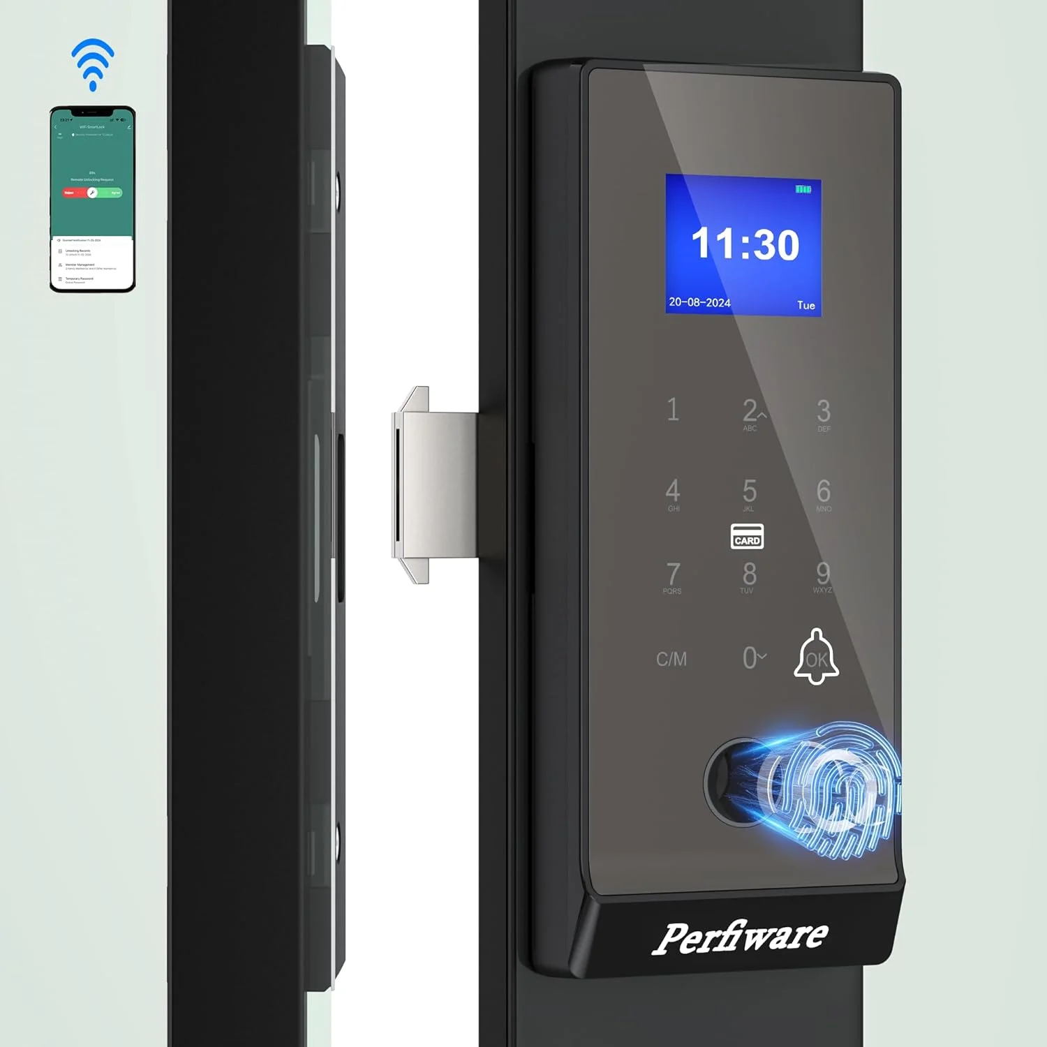 قفل درب شیشه ای کشویی LG2375 با برنامه، صفحه کلید اثر انگشت هوشمند، نقره ای