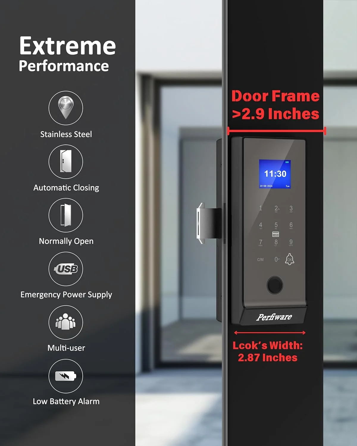 قفل درب شیشه ای کشویی LG2375 با برنامه، صفحه کلید اثر انگشت هوشمند، نقره ای