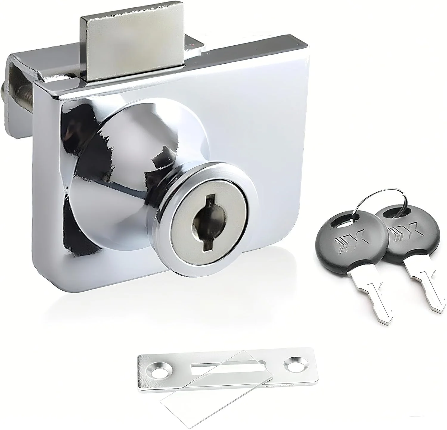 قفل درب شیشه ای کابینت، قفل امنیتی ویترین درب های شیشه ای تک و دوتایی، مناسب برای درب های شیشه ای 5 تا 8 میلی متری، کلید جداگانه بدون نیاز به سوراخ کاری، آلیاژ روی