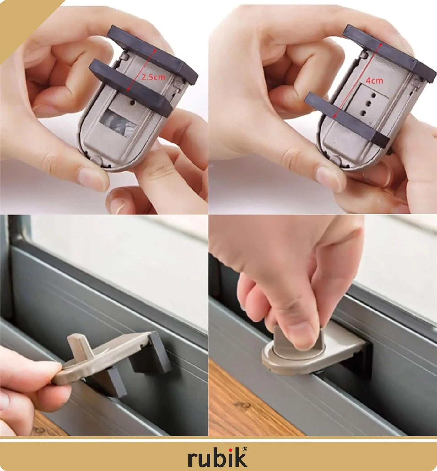 قفل کشویی درب و پنجره روبیک با روکش لاستیکی و قفل ایمنی قابل تنظیم برای ایمنی کودکان (بسته 2 عددی، قهوه ای)