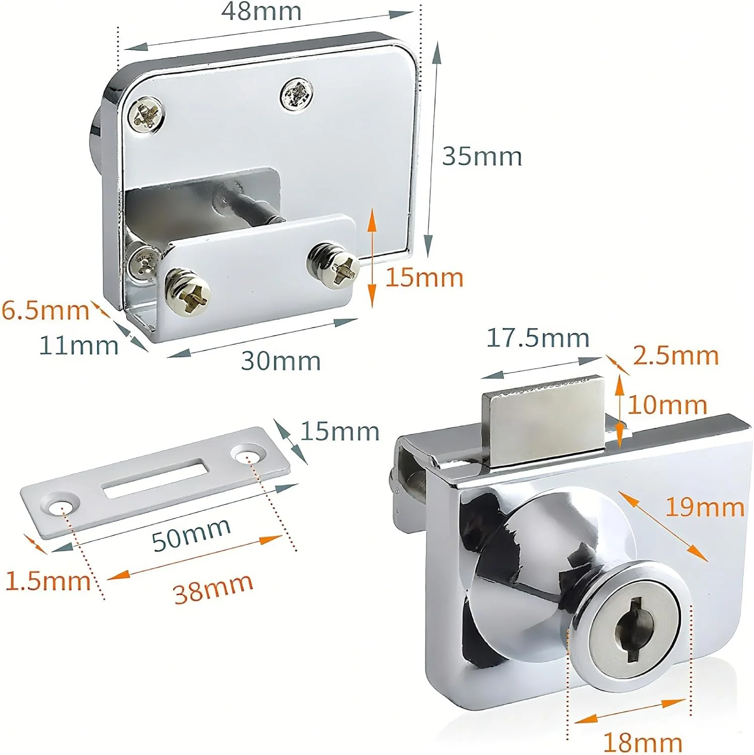 قفل درب شیشه ای کابینت، قفل امنیتی ویترین درب های شیشه ای تک و دوتایی، مناسب برای درب های شیشه ای 5 تا 8 میلی متری، کلید جداگانه بدون نیاز به سوراخ کاری، آلیاژ روی