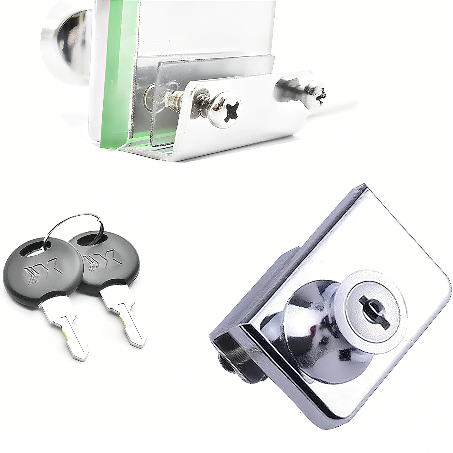 قفل درب شیشه ای کابینت، قفل امنیتی ویترین درب های شیشه ای تک و دوتایی، مناسب برای درب های شیشه ای 5 تا 8 میلی متری، کلید جداگانه بدون نیاز به سوراخ کاری، آلیاژ روی