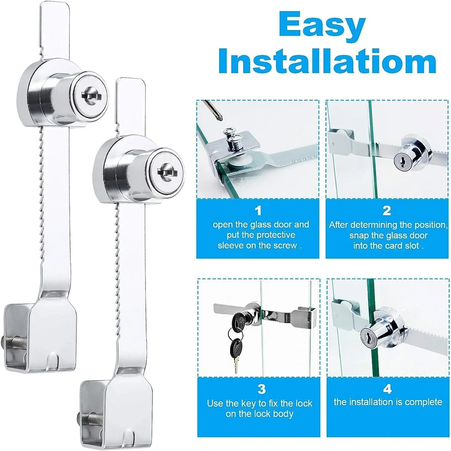 قفل ویترین شیشه ای، 4 عدد قفل جغجغه ای درب شیشه ای کشویی، قفل های بادوام درب کابینت کشو، قفل قاب درب کشویی برای ویترین جعبه نامه کمد (همراه با 8 کلید)