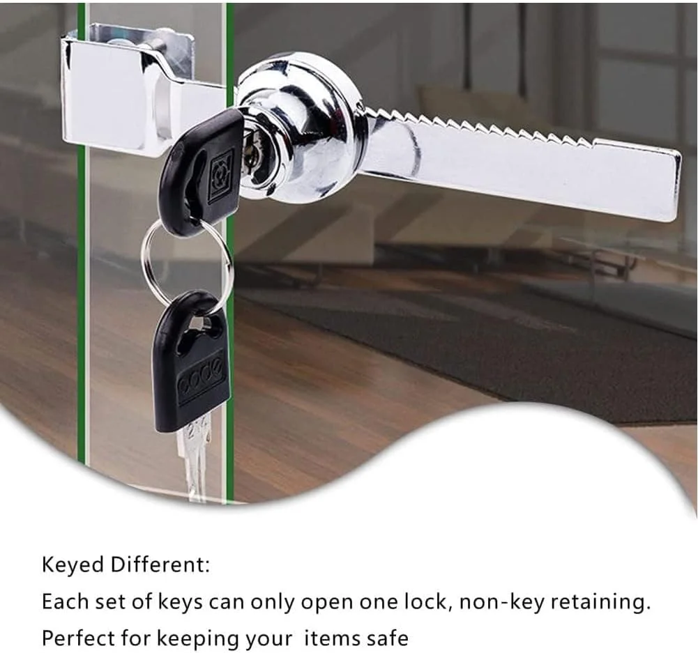 قفل ویترین شیشه ای، 4 عدد قفل جغجغه ای درب شیشه ای کشویی، قفل درب کابینت کشو بادوام، قفل قاب درب کشویی برای ویترین درب کمد صندوق پستی (همراه با 8 کلید)