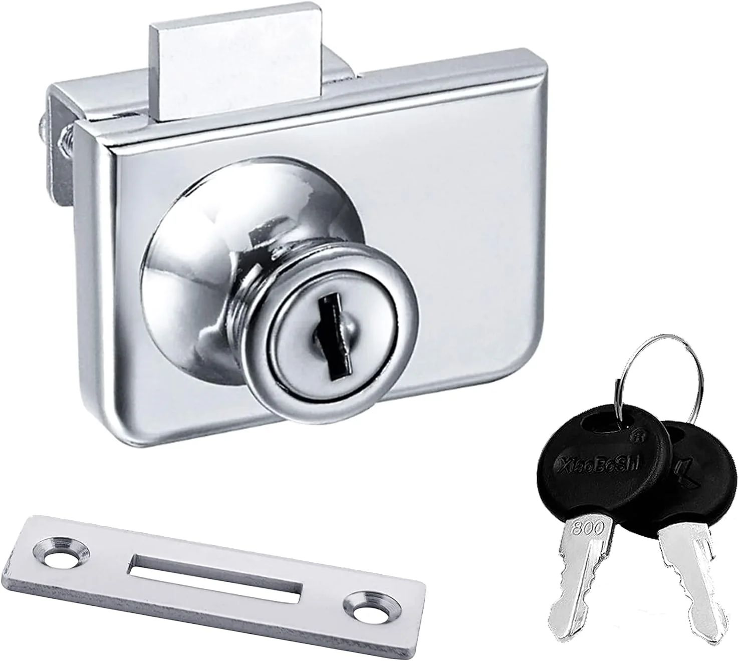 قفل ویترینی NC استیل ضد زنگ بدون نیاز به سوراخکاری، قفل درب شیشه ای کابینت ویترین، قفل درب دوتایی با کلید برای درب شیشه ای 5.5-9.5 میلی متر (1 عدد، کروم، کلید متفاوت) (نقره ای، 409)