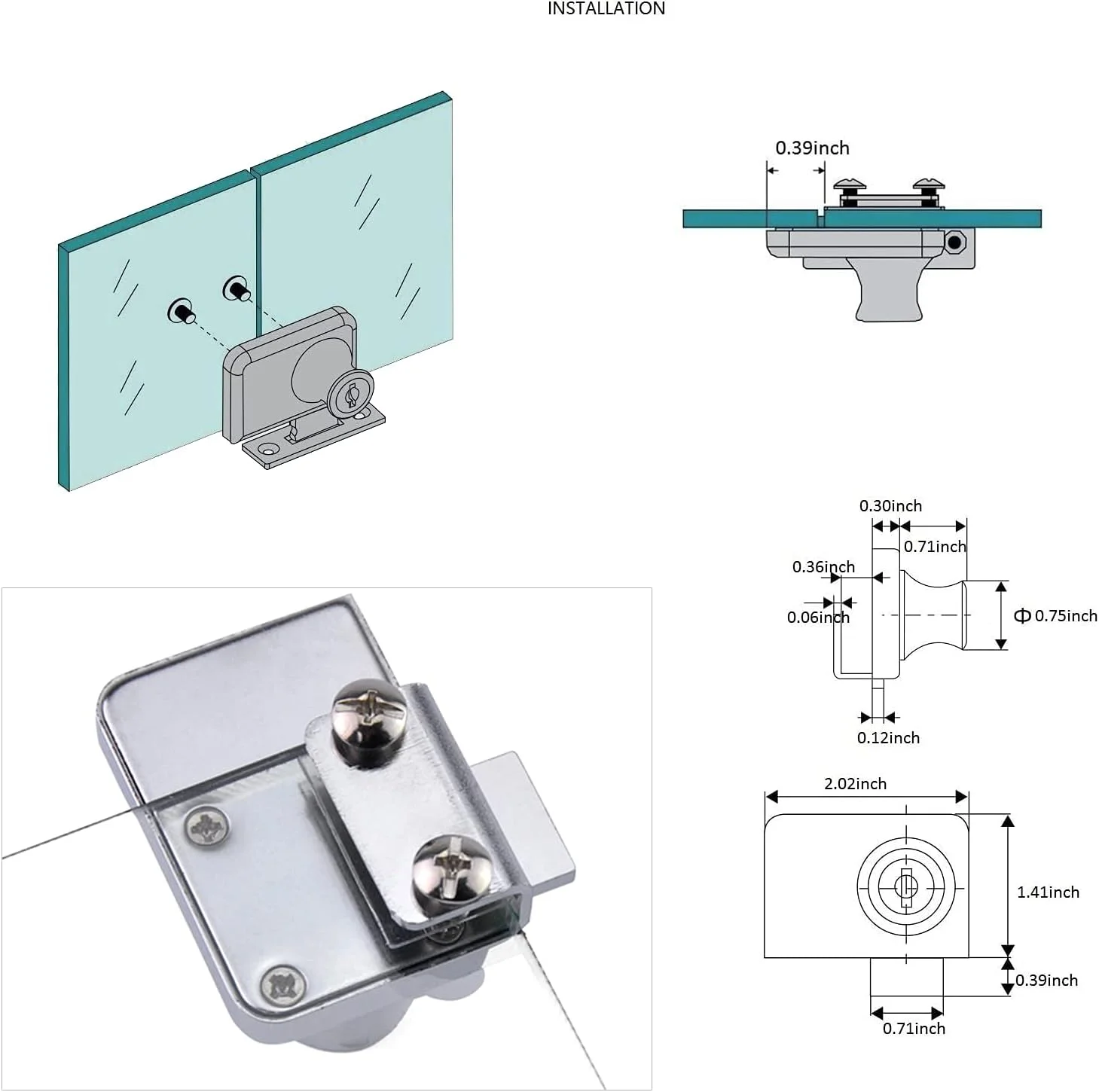قفل ویترینی NC استیل ضد زنگ بدون نیاز به سوراخکاری، قفل درب شیشه ای کابینت ویترین، قفل درب دوتایی با کلید برای درب شیشه ای 5.5-9.5 میلی متر (1 عدد، کروم، کلید متفاوت) (نقره ای، 409)