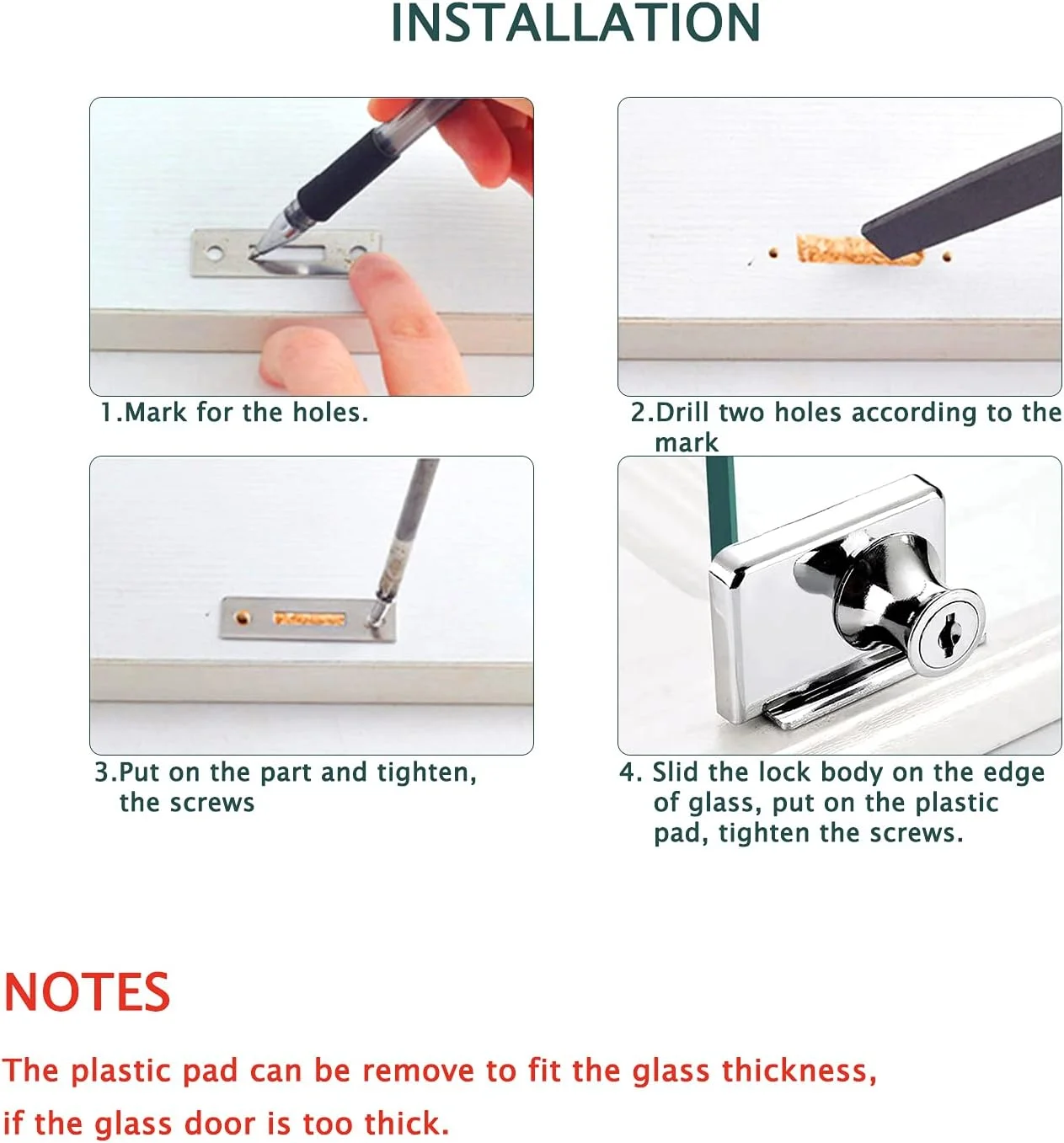 قفل ویترینی NC استیل ضد زنگ بدون نیاز به سوراخکاری، قفل درب شیشه ای کابینت ویترین، قفل درب دوتایی با کلید برای درب شیشه ای 5.5-9.5 میلی متر (1 عدد، کروم، کلید متفاوت) (نقره ای، 409)