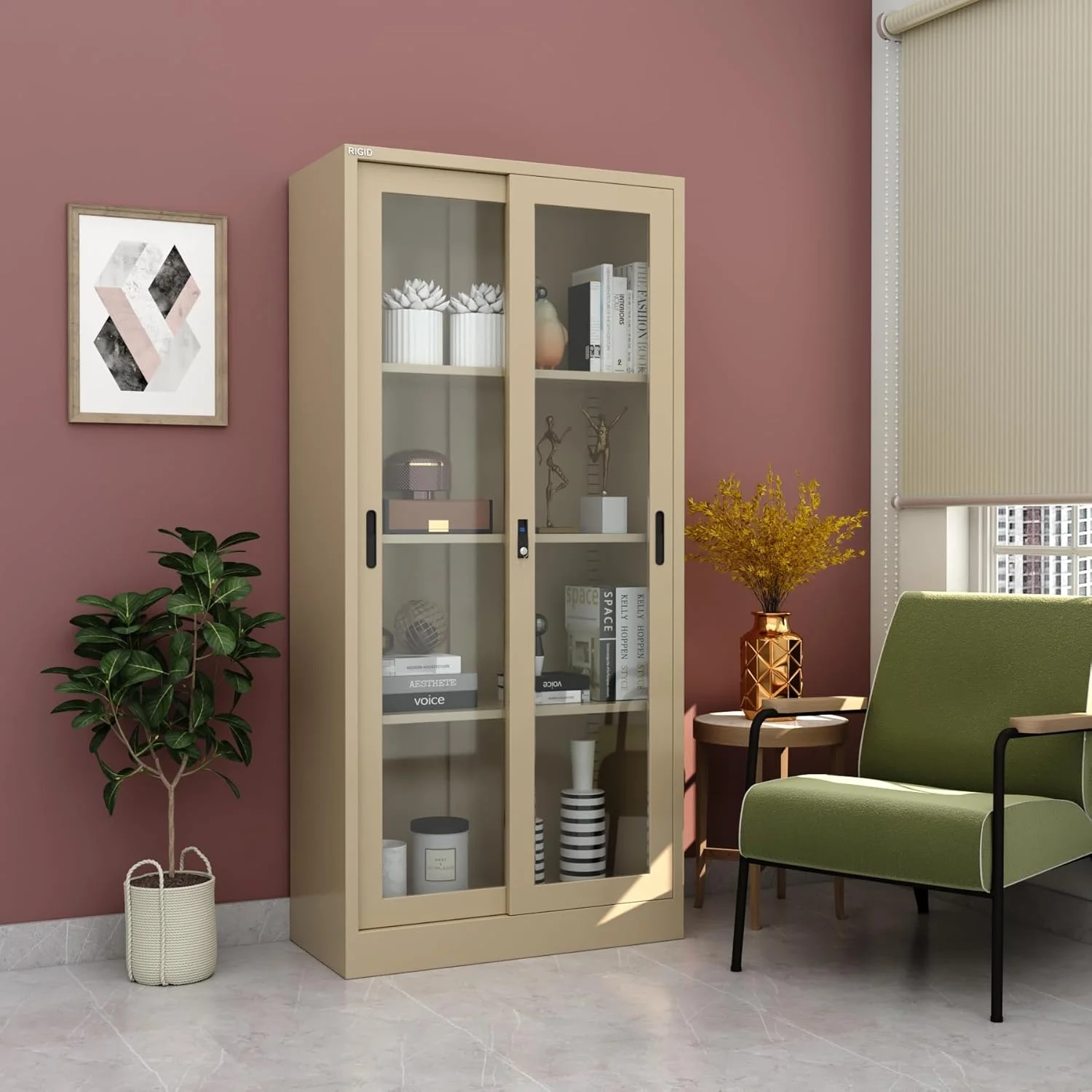 کمد بایگانی فلزی محکم با درب های کشویی شیشه ای | کابینت ذخیره سازی فلزی قفل دار با قفسه های قابل تنظیم برای استفاده در خانه و محل کار (بژ، 40 عمق x 90 عرض x 183 ارتفاع سانتی متر) - مونتاژ شده