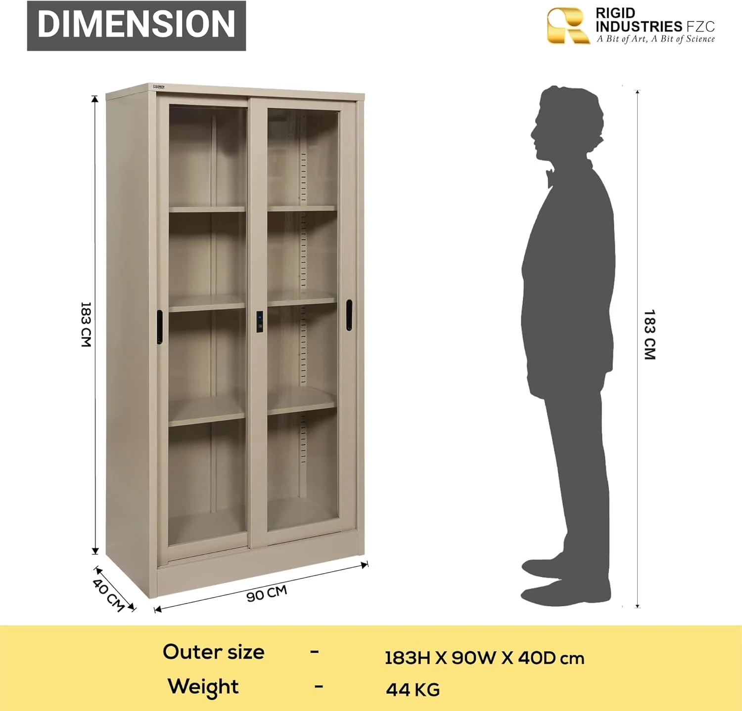 کمد بایگانی فلزی محکم با درب های کشویی شیشه ای | کابینت ذخیره سازی فلزی قفل دار با قفسه های قابل تنظیم برای استفاده در خانه و محل کار (بژ، 40 عمق x 90 عرض x 183 ارتفاع سانتی متر) - مونتاژ شده