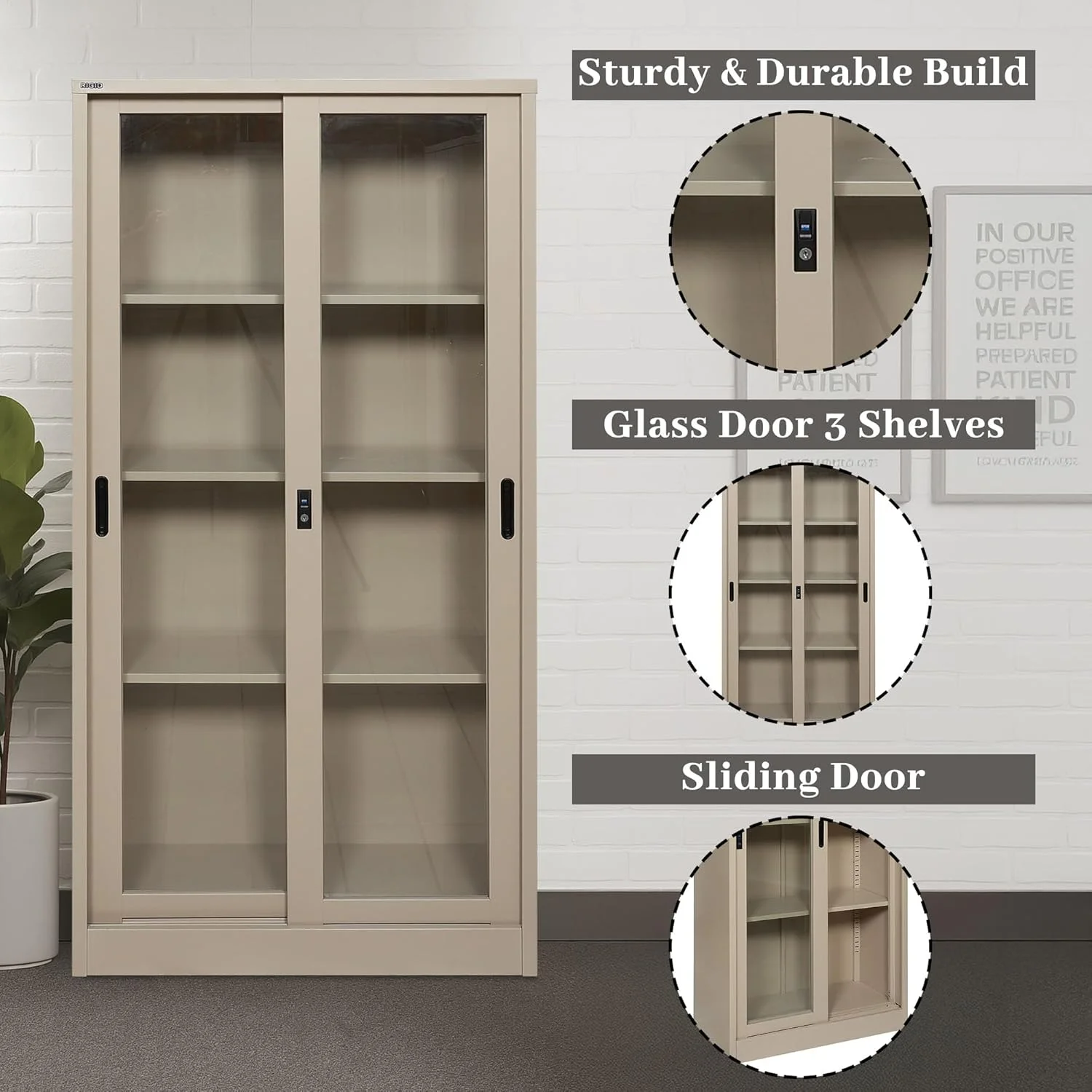 کمد بایگانی فلزی محکم با درب های کشویی شیشه ای | کابینت ذخیره سازی فلزی قفل دار با قفسه های قابل تنظیم برای استفاده در خانه و محل کار (بژ، 40 عمق x 90 عرض x 183 ارتفاع سانتی متر) - مونتاژ شده