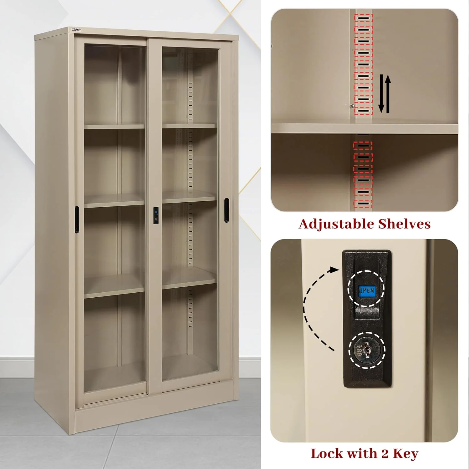 کمد بایگانی فلزی محکم با درب های کشویی شیشه ای | کابینت ذخیره سازی فلزی قفل دار با قفسه های قابل تنظیم برای استفاده در خانه و محل کار (بژ، 40 عمق x 90 عرض x 183 ارتفاع سانتی متر) - مونتاژ شده