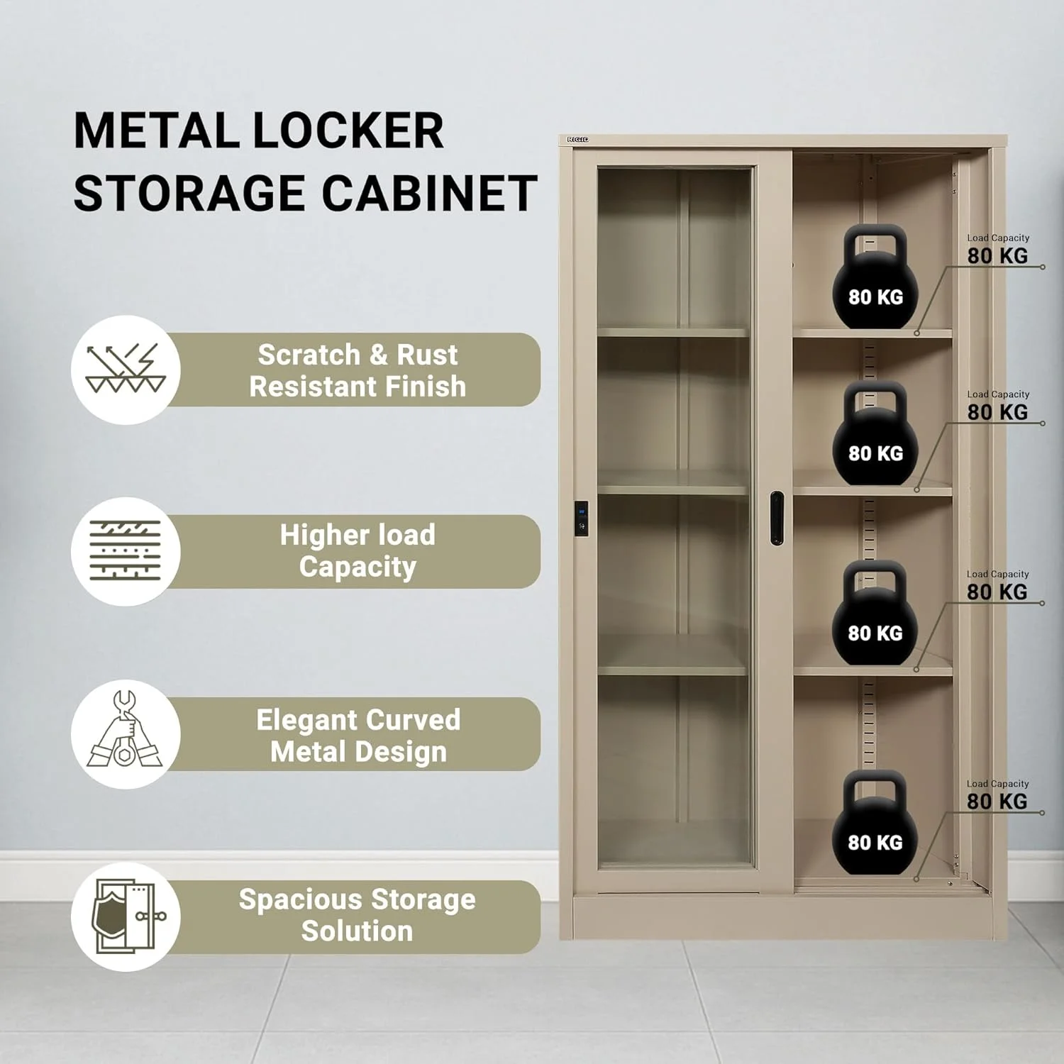 کمد بایگانی فلزی محکم با درب های کشویی شیشه ای | کابینت ذخیره سازی فلزی قفل دار با قفسه های قابل تنظیم برای استفاده در خانه و محل کار (بژ، 40 عمق x 90 عرض x 183 ارتفاع سانتی متر) - مونتاژ شده