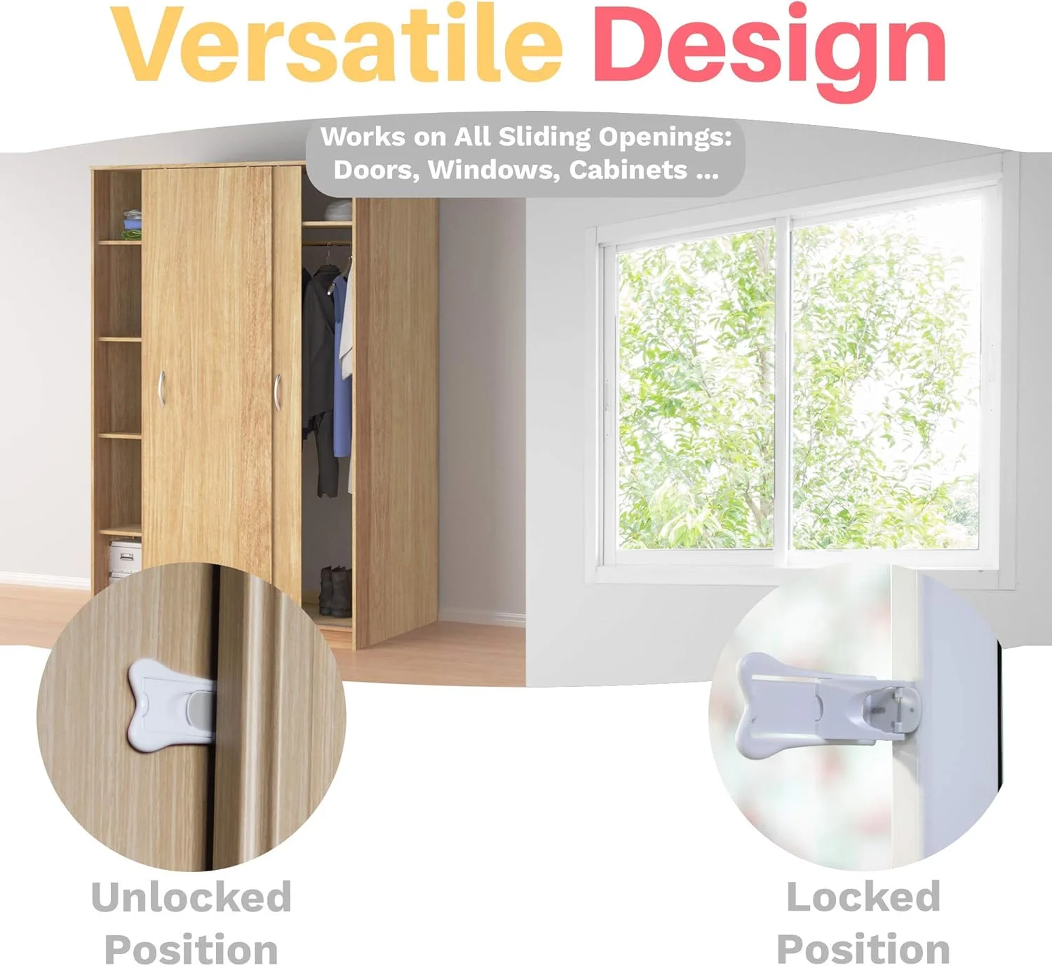 قفل درب کشویی برای ایمنی کودک، قفل پنجره برای پنجره های عمودی، قفل کودک برای درب های شیشه ای کشویی، پنجره ها، کمدها و کابینت ها، قفل های ایمنی برای تمام بازشوهای خانه شما (4 عدد)