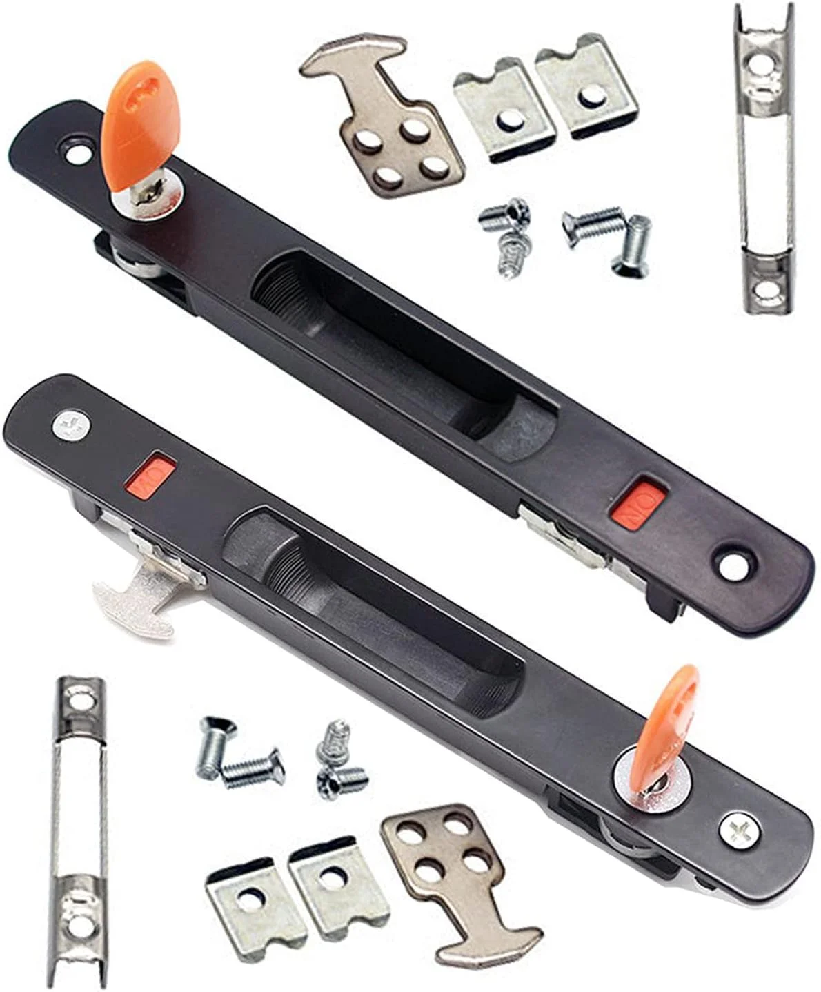 قفل درب کشویی LINSHI، ست دستگیره درب شیشه ای کشویی 2 عددی، ست دستگیره درب پاسیو مدل قلاب دار، نصب همسطح، کلید دار (مشکی)