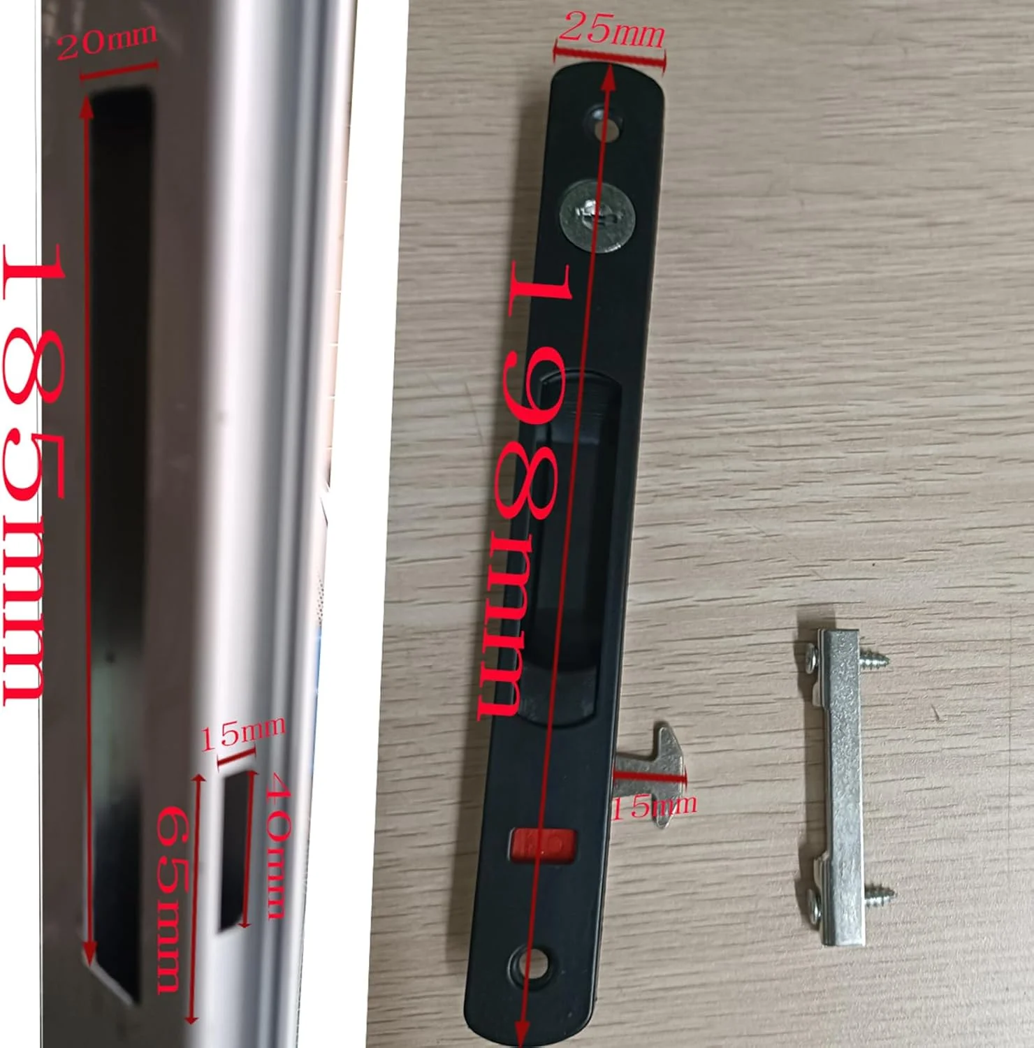 قفل درب کشویی LINSHI، ست دستگیره درب شیشه ای کشویی 2 عددی، ست دستگیره درب پاسیو مدل قلاب دار، نصب همسطح، کلید دار (مشکی)