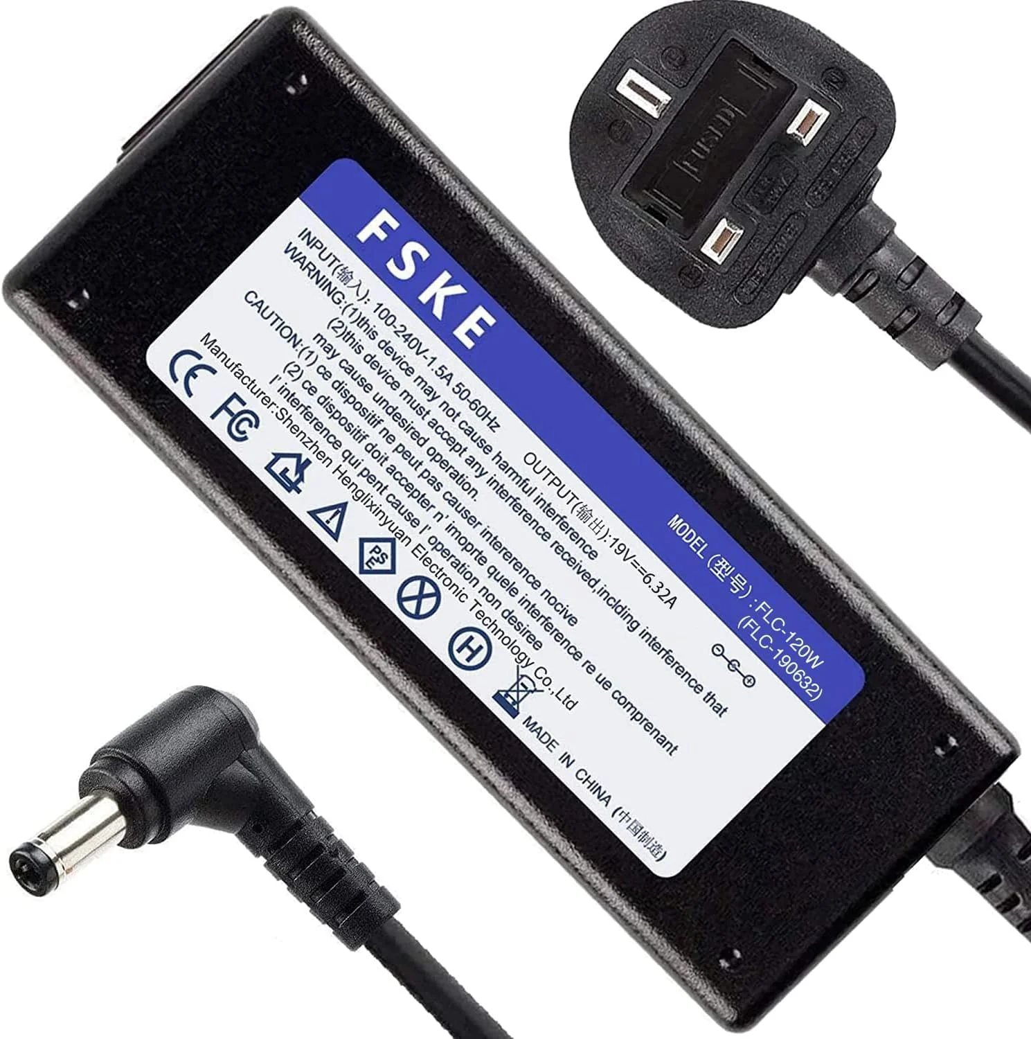 شارژر لپ تاپ یونیورسال 120 واتی 19 ولت 6.32 آمپر FSKE برای ASUS LENOVO TOSHIBA MSI GL552VW TUF FX504GM ZenBook Pro FX504 Rog G550 و غیره، منبع تغذیه آداپتور AC، کانکتور: 5.5 * 2.5 میلی متر