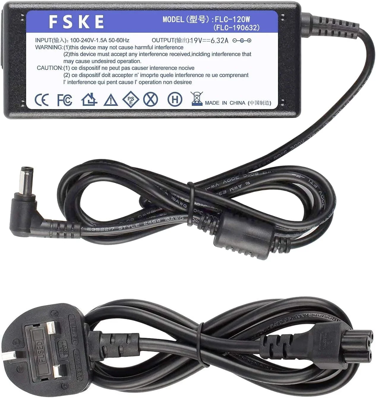 شارژر لپ تاپ یونیورسال 120 واتی 19 ولت 6.32 آمپر FSKE برای ASUS LENOVO TOSHIBA MSI GL552VW TUF FX504GM ZenBook Pro FX504 Rog G550 و غیره، منبع تغذیه آداپتور AC، کانکتور: 5.5 * 2.5 میلی متر