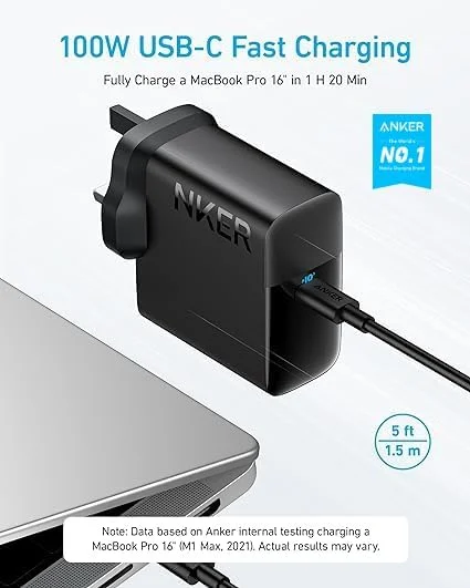 شارژر 100 واتی USB C انکر، شارژر سریع، جمع و جور و تاشو برای مک بوک پرو، مک بوک ایر، آیفون، سامسونگ S25/S24، آیپد پرو و ​​همه دستگاه های USB C، شامل کابل USB C به USB C به طول 1.5 متر