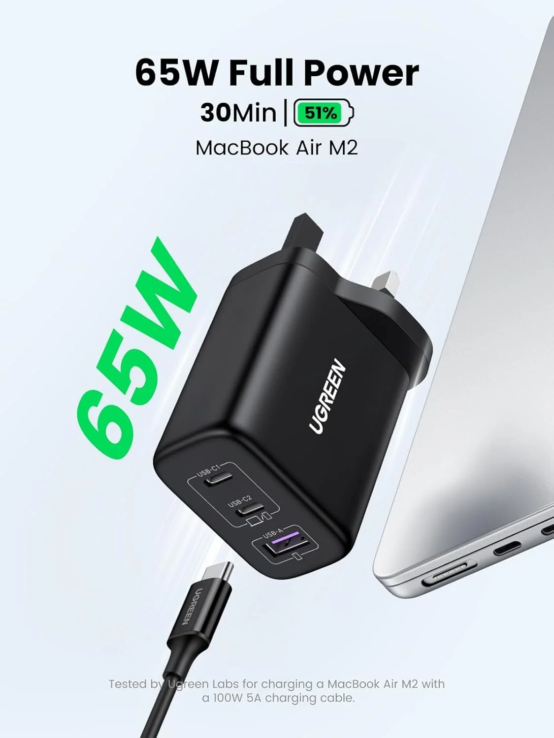 شارژر تایپ سی 65 واتی UGREEN Nexode، آداپتور برق لپ تاپ GaN سه پورت، دوشاخه شارژ سریع دیواری USB-C سازگار با MacBook Air، HP/Dell، iPad، iPhone 17 Pro Max، Galaxy S25/S24 Ultra، Xiaomi