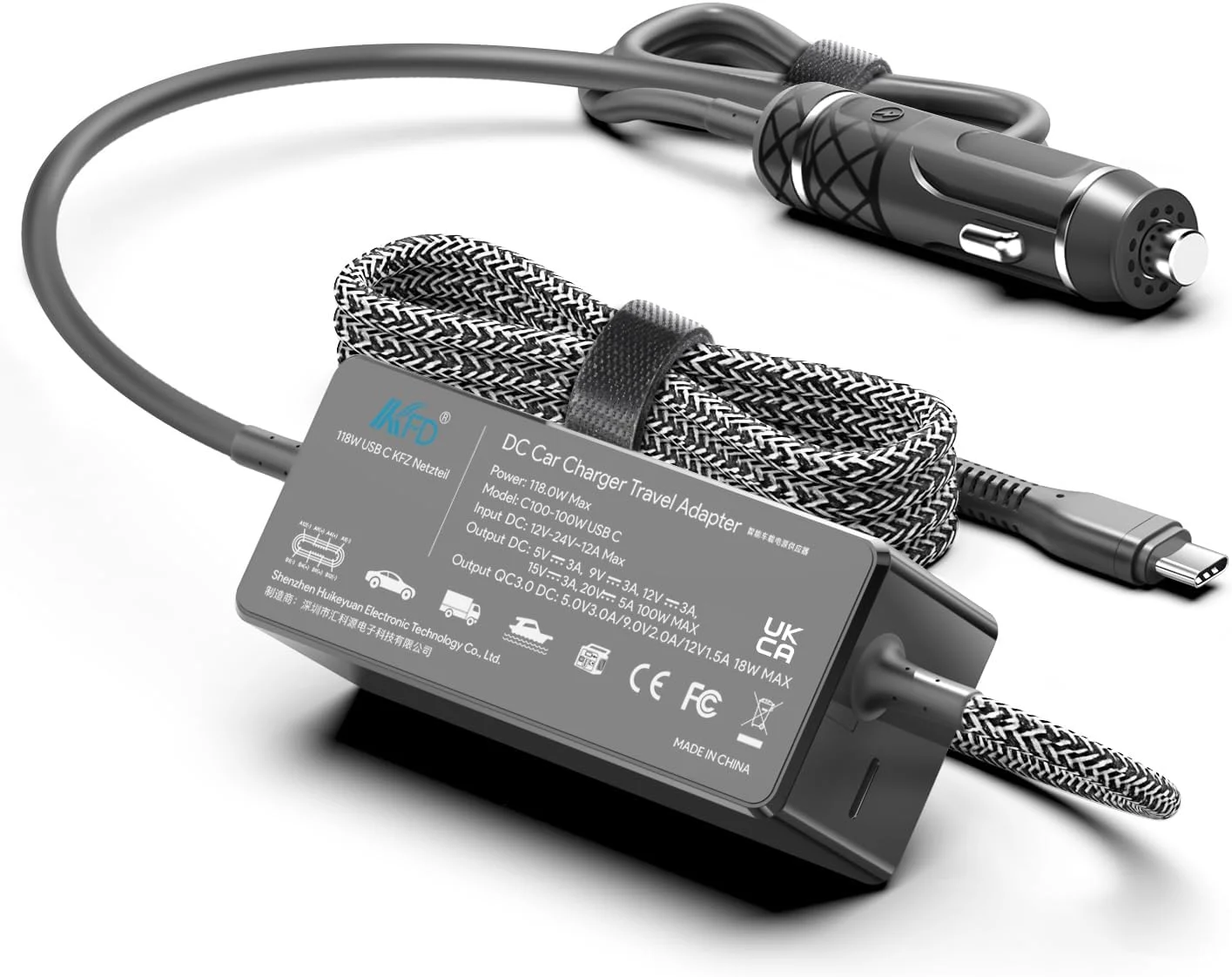 شارژر فندکی لپ تاپ USB-C مدل KFD PD118W 100W 90W آداپتور DC منبع تغذیه برای DJI Mavic MacBook Pro Air M4 LG Gram Razer MSI Dell HP Lenovo Acer Samsung Asus Rog Ally Surface Laptop Tablet Phone Speaker