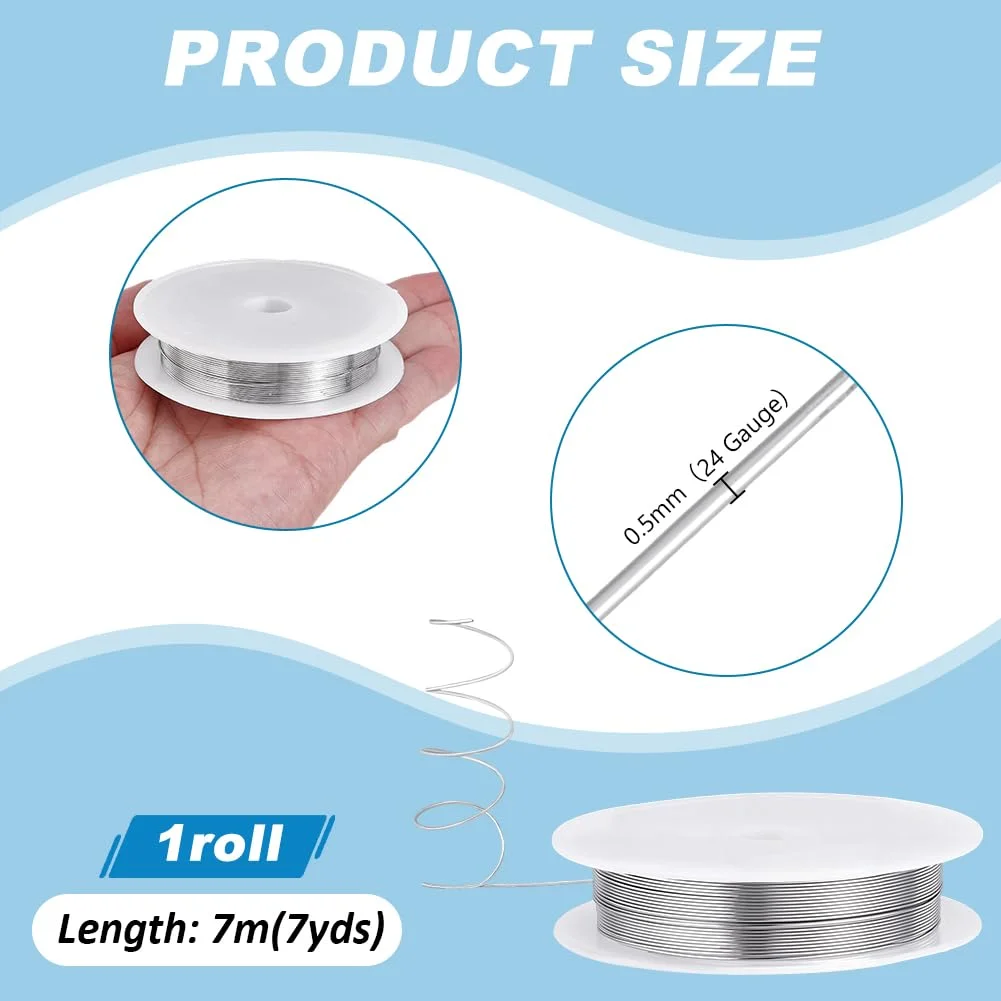 سیم فلزی 7 متری 0.5 میلی متری PH PandaHall برای ساخت جواهرات، سیم جواهرسازی آهنی مقاوم در برابر کدر شدن، سیم مهره با روکش نقره ای برای لوازم ساخت جواهرات و صنایع دستی DIY، گیج 25