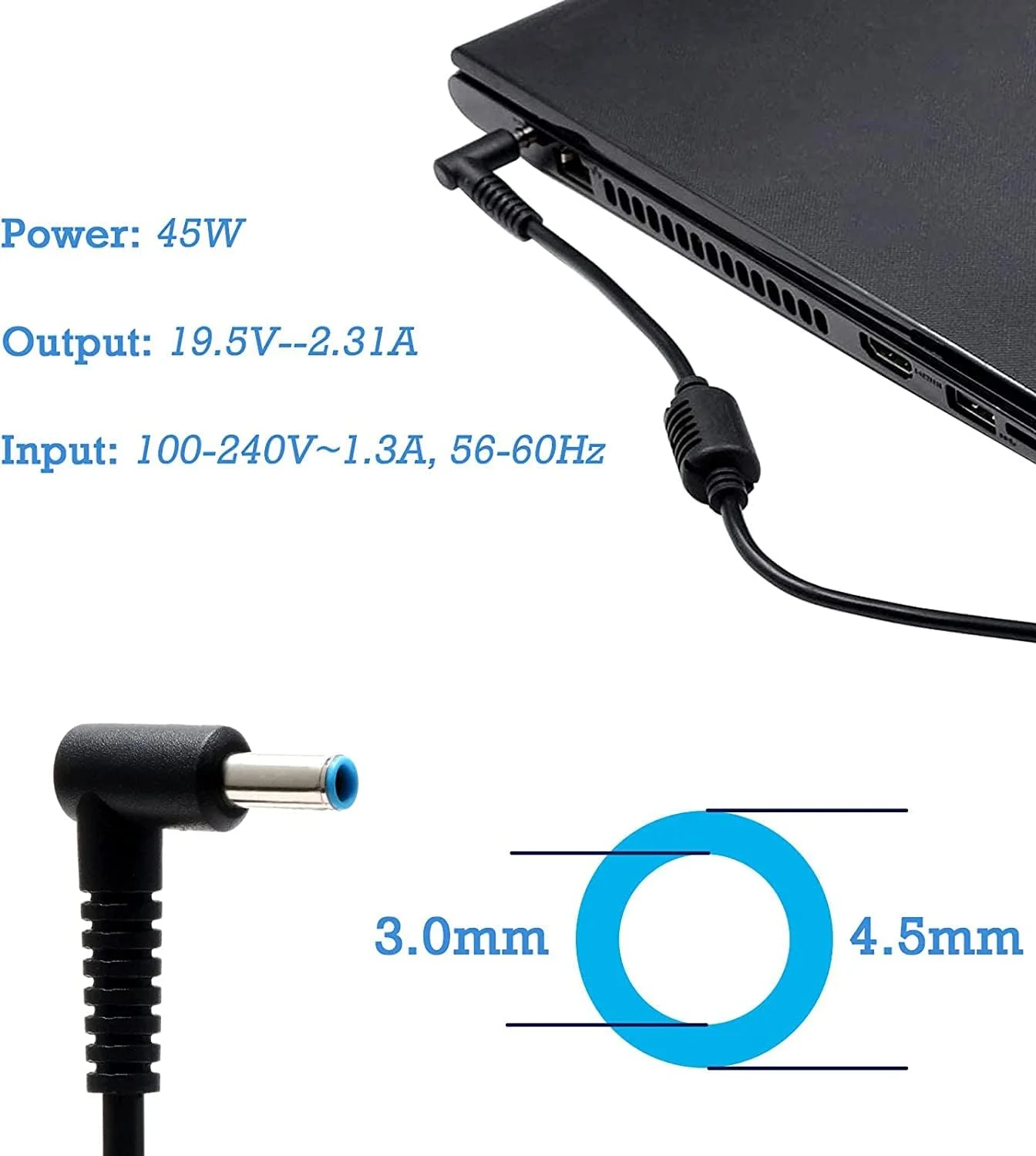 شارژر لپ تاپ 45 واتی HP، منبع تغذیه 19.5 ولت 2.31 آمپر برای Stream 11 13 14، Pavilion 11 13، Chromebook 11 14، Spectre x360 x2 11 13، ProBook 430 G3 G4 و غیره (4.5mm * 3mm)