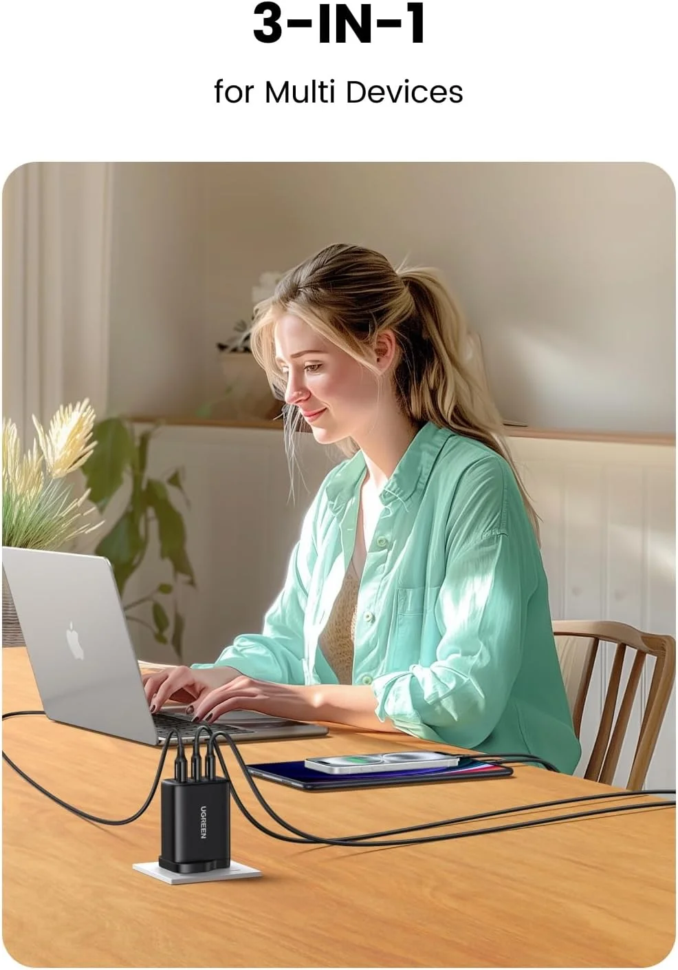 شارژر تایپ سی 65 واتی UGREEN Nexode، آداپتور برق لپ تاپ GaN سه پورت، دوشاخه شارژ سریع دیواری USB-C سازگار با MacBook Air، HP/Dell، iPad، iPhone 17 Pro Max، Galaxy S25/S24 Ultra، Xiaomi