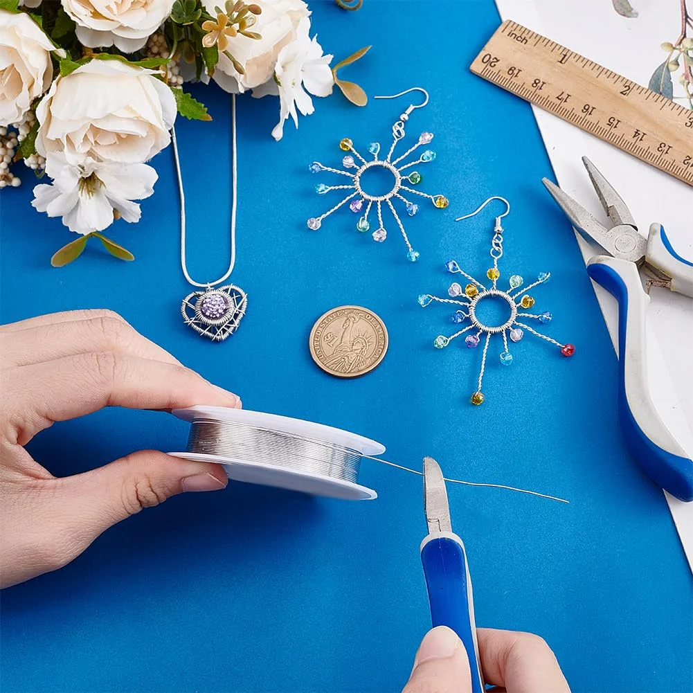 سیم فلزی 7 متری 0.5 میلی متری PH PandaHall برای ساخت جواهرات، سیم جواهرسازی آهنی مقاوم در برابر کدر شدن، سیم مهره با روکش نقره ای برای لوازم ساخت جواهرات و صنایع دستی DIY، گیج 25