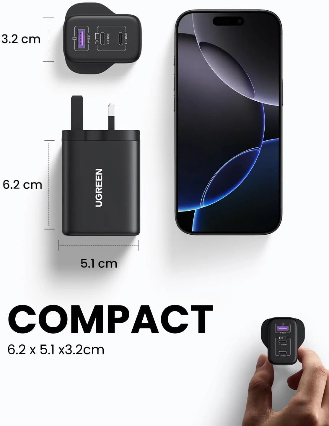 شارژر تایپ سی 65 واتی UGREEN Nexode، آداپتور برق لپ تاپ GaN سه پورت، دوشاخه شارژ سریع دیواری USB-C سازگار با MacBook Air، HP/Dell، iPad، iPhone 17 Pro Max، Galaxy S25/S24 Ultra، Xiaomi