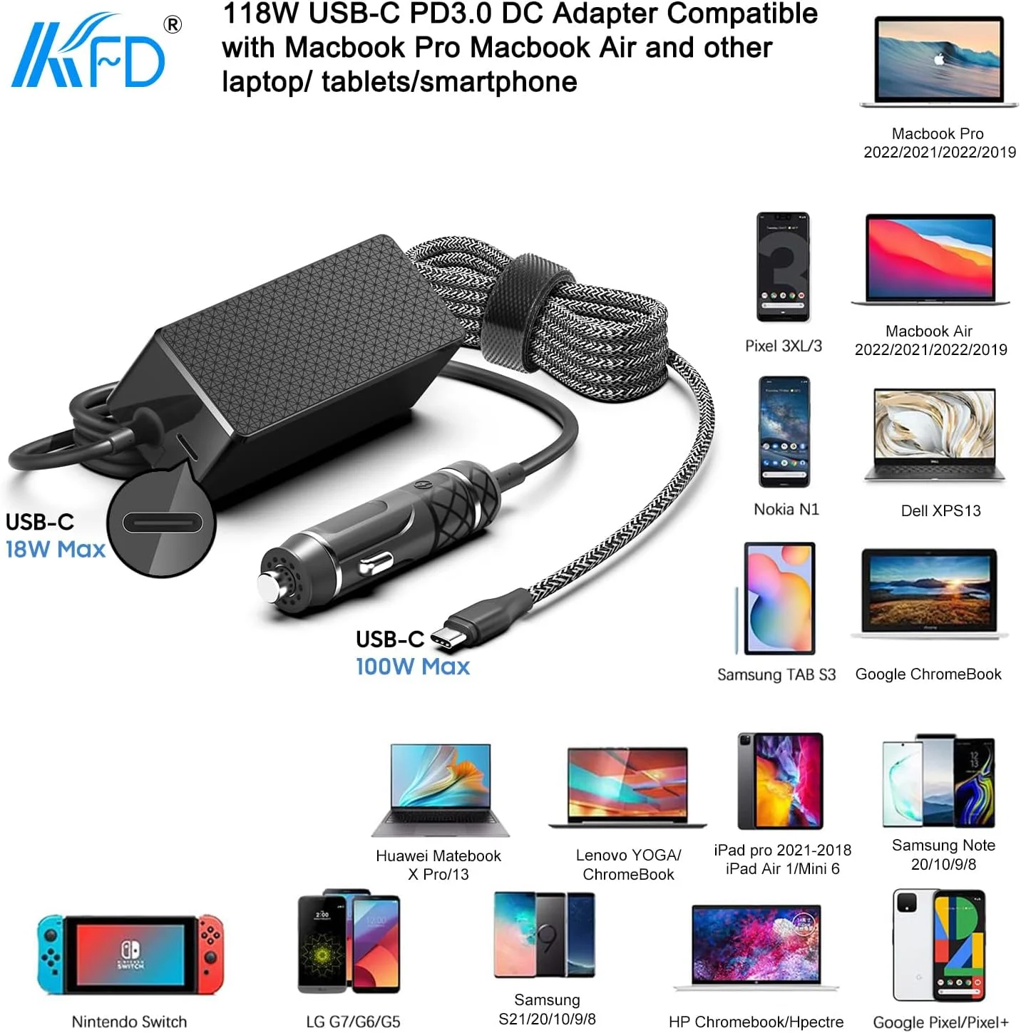 شارژر فندکی لپ تاپ USB-C مدل KFD PD118W 100W 90W آداپتور DC منبع تغذیه برای DJI Mavic MacBook Pro Air M4 LG Gram Razer MSI Dell HP Lenovo Acer Samsung Asus Rog Ally Surface Laptop Tablet Phone Speaker