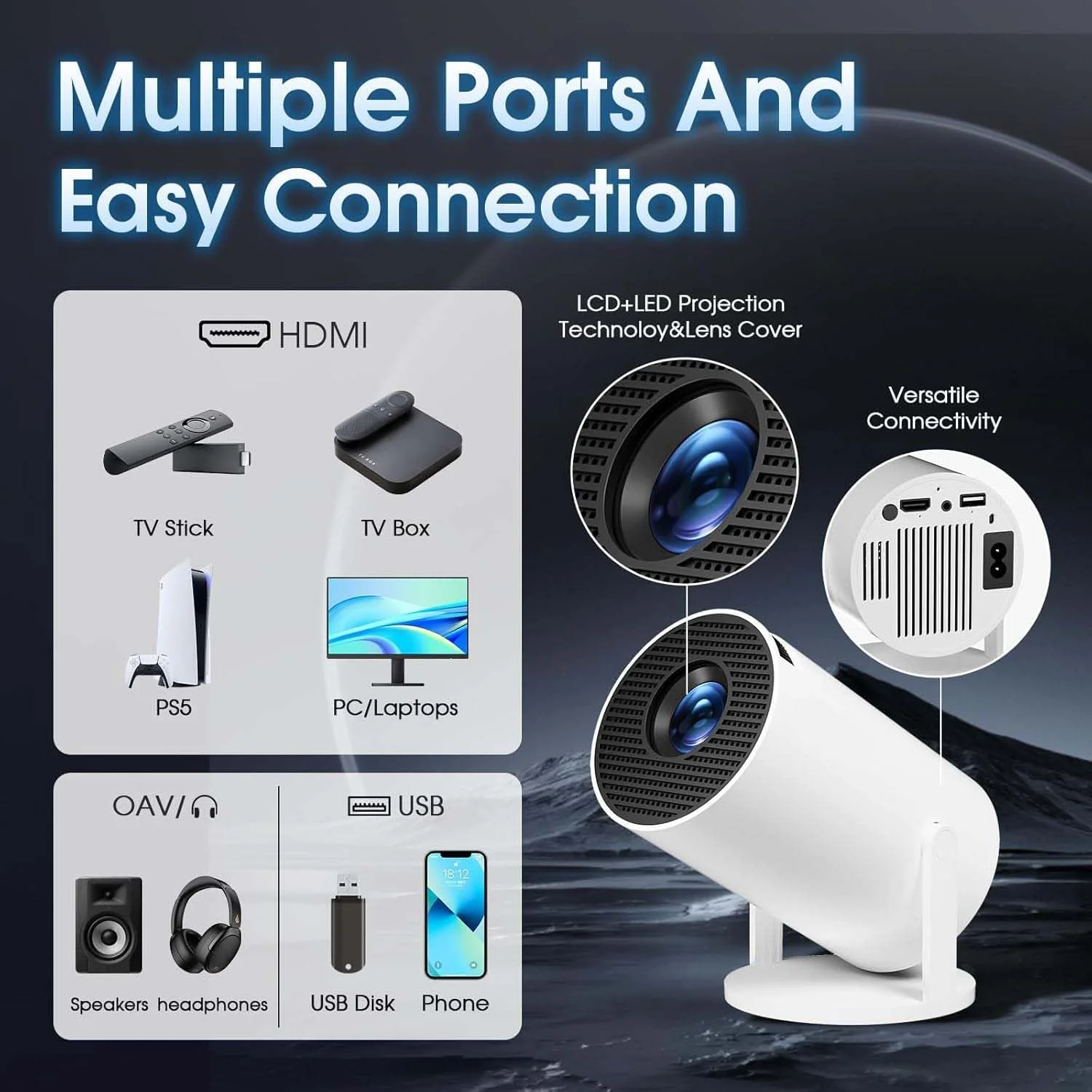 مینی پروژکتور با اندروید، پروژکتور قابل حمل 5G WiFi6 BT5.0، پروژکتور هوشمند 4K 1080P Full HD با قابلیت چرخش 180 درجه مناسب برای خانه/فضای باز، سازگار با تلفن/فلش مموری/لپ تاپ