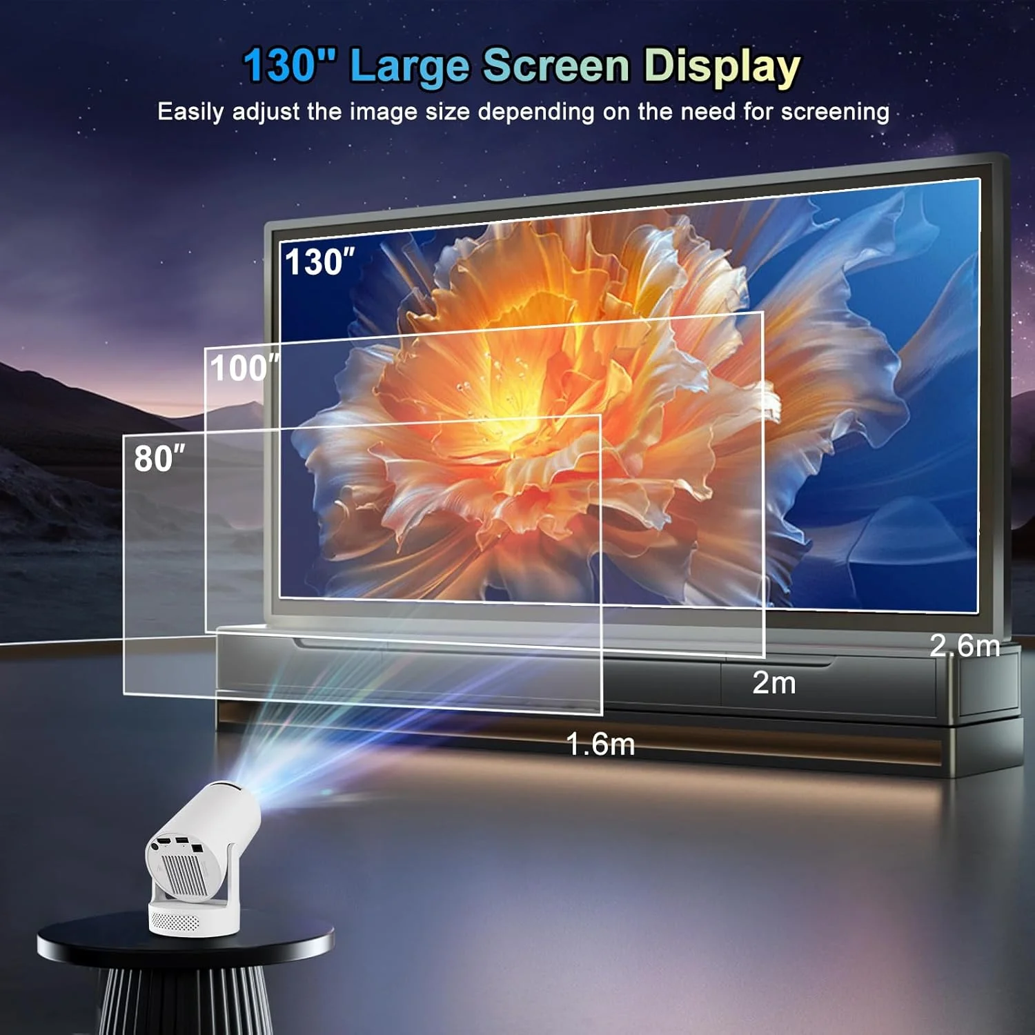 پروژکتور کوچک 4K با اندروید 11، پروژکتور هوشمند WiFi 6 و BT 5.4 فول اچ دی 1080P، چرخش 180 درجه برای سینمای خانگی (داخلی/خارجی) سازگار با تلفن همراه، لپ تاپ، تی وی استیک و USB، قابل حمل - تصویر 2