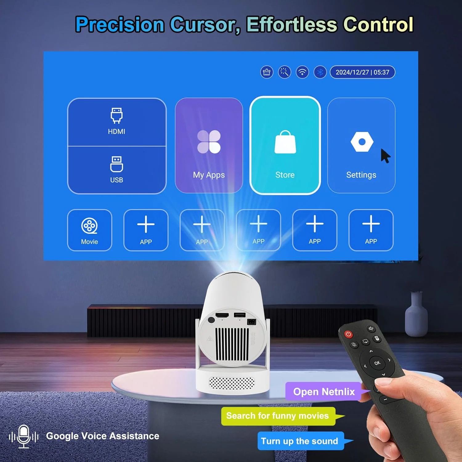 پروژکتور کوچک 4K با اندروید 11، پروژکتور هوشمند WiFi 6 و BT 5.4 فول اچ دی 1080P، چرخش 180 درجه برای سینمای خانگی (داخلی/خارجی) سازگار با تلفن همراه، لپ تاپ، تی وی استیک و USB، قابل حمل - تصویر 3