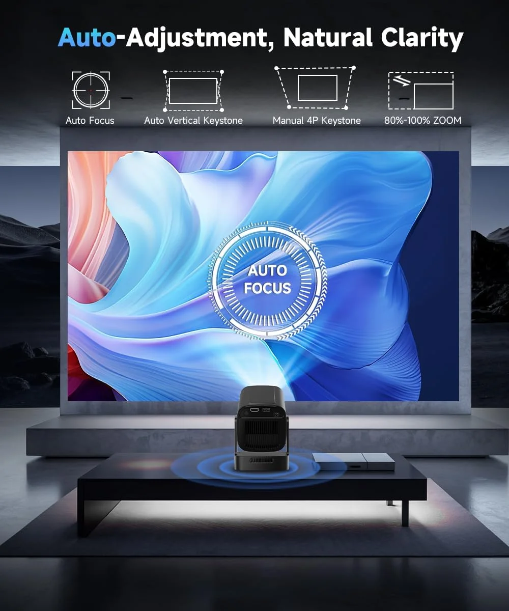 پروژکتور کوچک HY310 با پشتیبانی از 4K و 1080P، پروژکتور فوکوس خودکار، تصحیح کیستون اتومبیل، سینمای خانگی هوشمند اندروید با WiFi 6 BT5.4، پروژکتور قابل حمل با چرخش 180 درجه، پروژکتور ویدئویی 2025