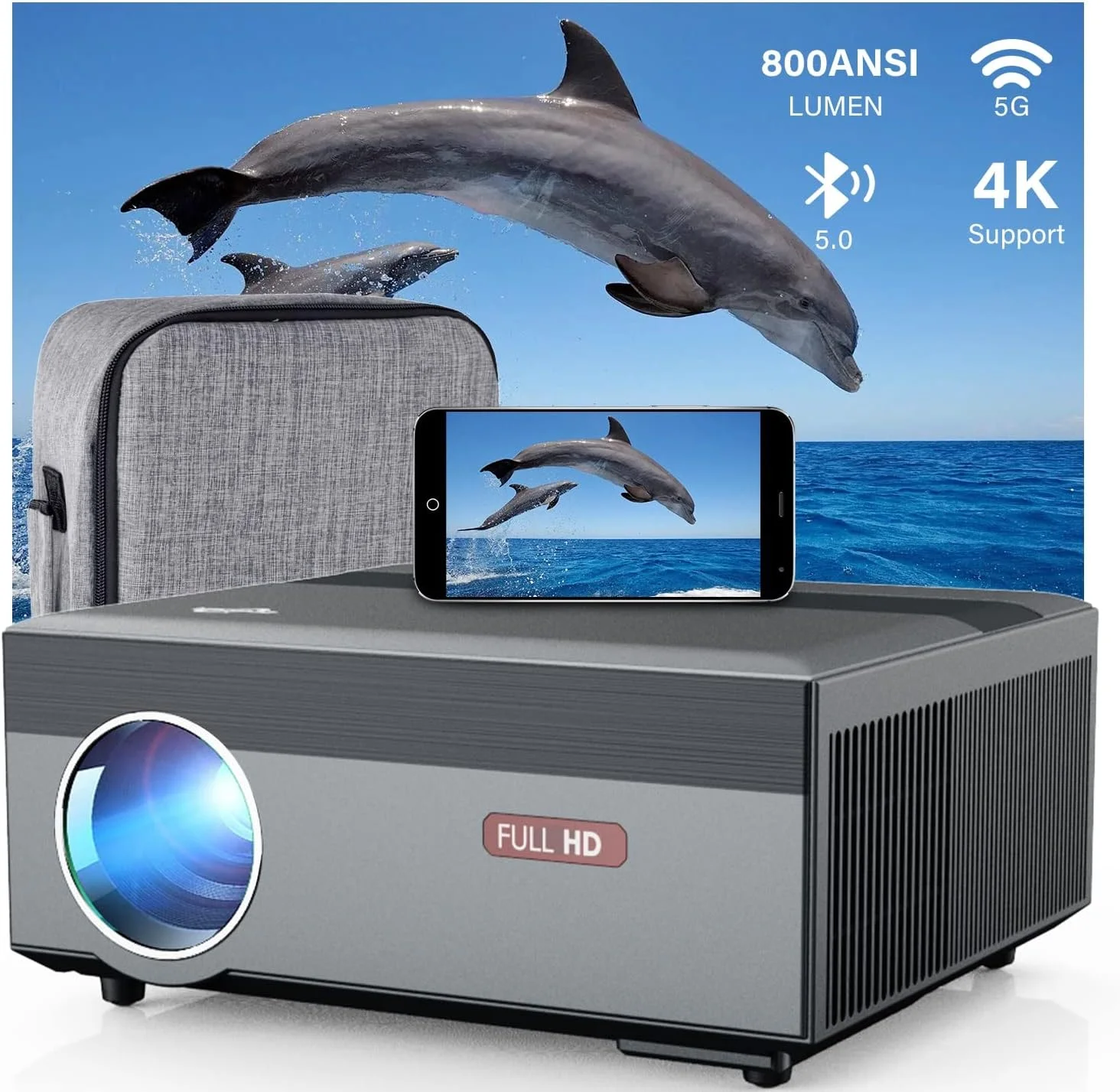 پروژکتور 4K با وای فای 5G و بلوتوث، کیفیت اصلی 1080P Ultra HD با سیستم عامل هوشمند اندروید داخلی، سازگار با نتفلیکس/یوتیوب/پرایم ویدیو، 800ANSI لومن بالا مناسب سینمای خانگی و فضای باز، HDMI USB AV,RJ45