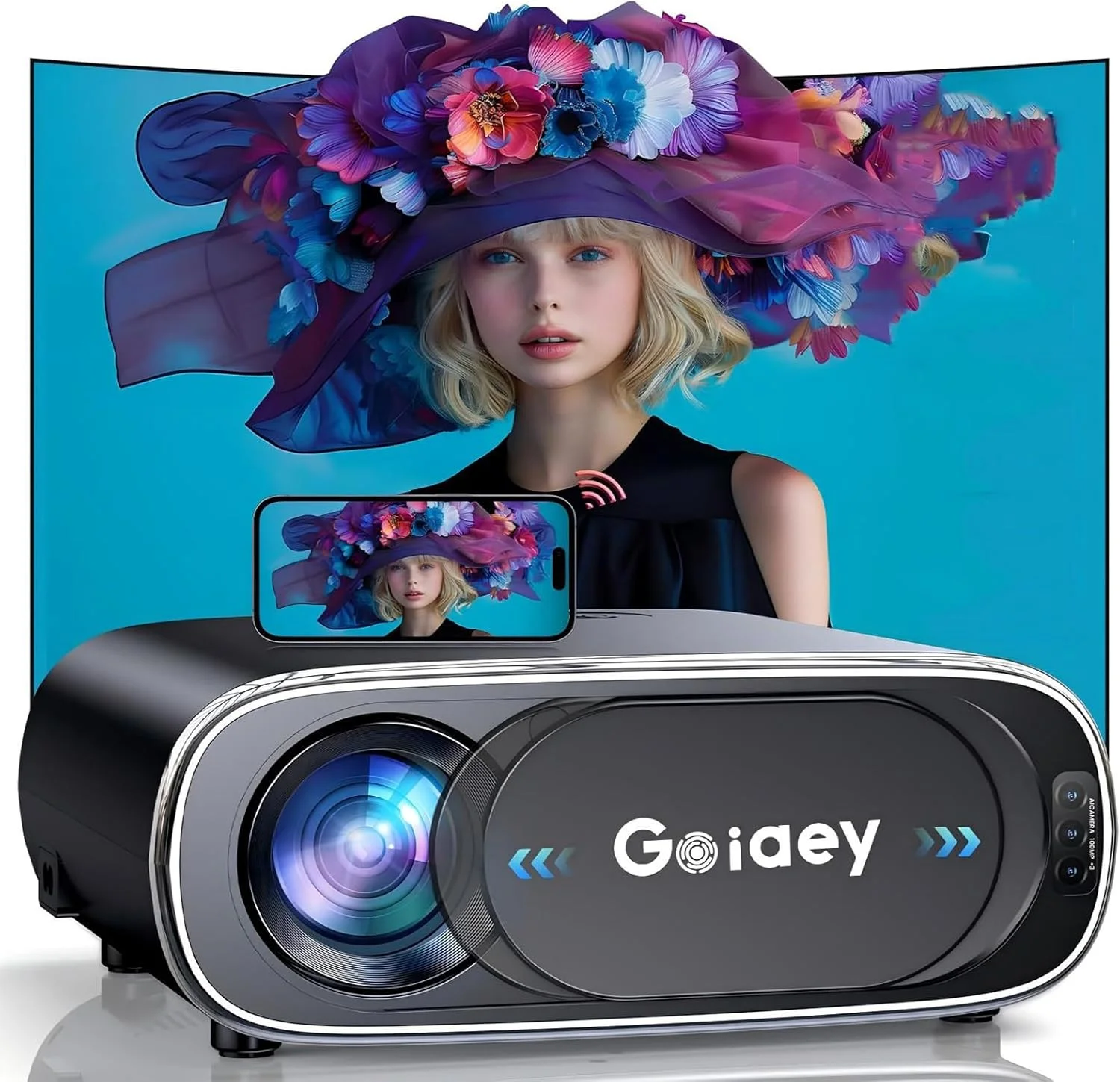 پروژکتور 4K با WiFi و بلوتوث [فوکوس خودکار هوش مصنوعی + پوشش لنز خودکار]، پروژکتور فضای باز Goiaey 1200 ANSI، ذوزنقه خودکار و زوم 50%-100%، پروژکتور هوشمند قابل حمل 1080P برای استفاده در خانه و فضای باز