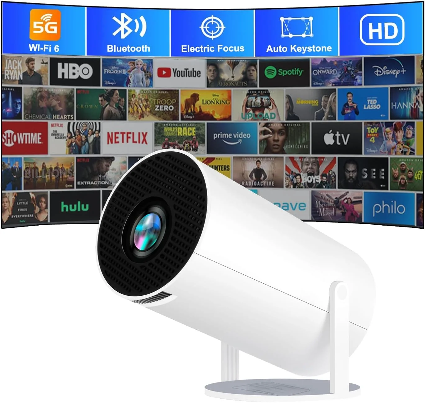 مینی پروژکتور با WiFi و بلوتوث، پروژکتور HY300 pro با قابلیت رمزگشایی ویدیو 4K، سیستم عامل اندروید، اصلاح زاویه خودکار، پروژکتور ویدیویی قابل حمل مناسب برای فیلم در فضای باز و منزل، سازگار با تلفن، لپ تاپ، تلویزیون هوشمند و HDMI