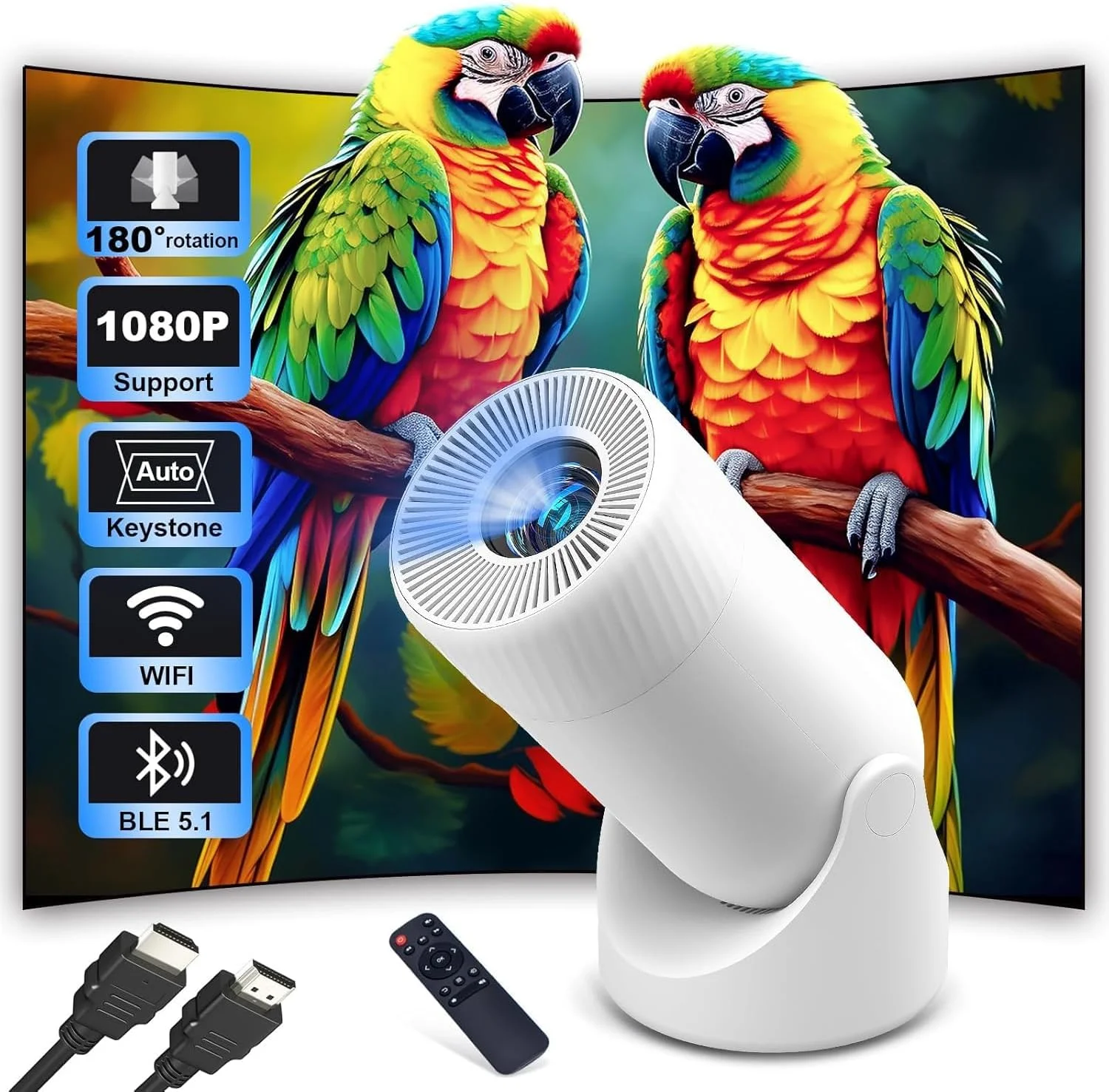 مینی پروژکتور با وای فای و بلوتوث، پشتیبانی از 4K، فوکوس سریع 2S با ANSI 300 و 1080P، چرخش 180 درجه ای خودکار، حداکثر صفحه نمایش 200 اینچی، پروژکتور تلویزیون با بلندگو برای آیفون و اندروید