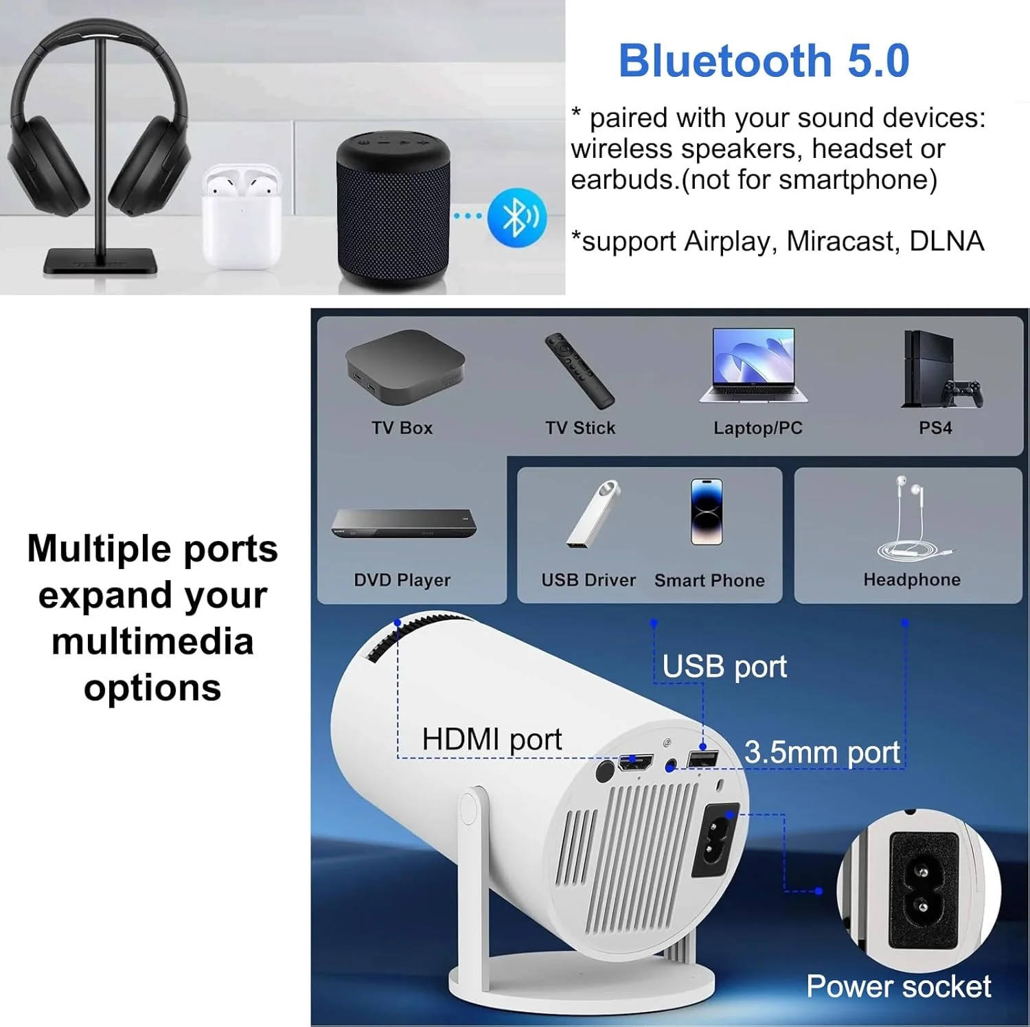 مینی پروژکتور با WiFi و بلوتوث، پروژکتور HY300 pro با قابلیت رمزگشایی ویدیو 4K، سیستم عامل اندروید، اصلاح زاویه خودکار، پروژکتور ویدیویی قابل حمل مناسب برای فیلم در فضای باز و منزل، سازگار با تلفن، لپ تاپ، تلویزیون هوشمند و HDMI