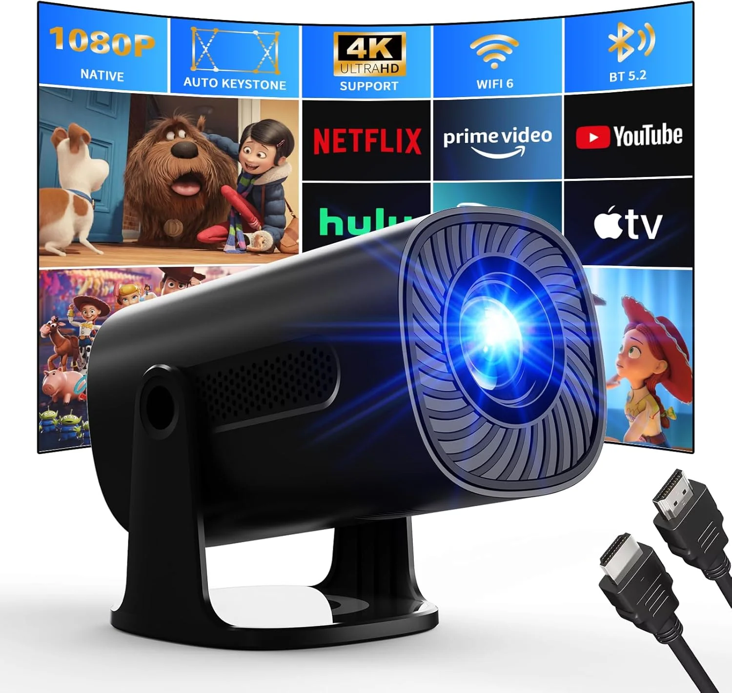 پروژکتور هوشمند با سیستم عامل هوشمند و برنامه های داخلی، وای فای و بلوتوث، پشتیبانی از کیفیت 1080P FHD 4K، با اصلاح خودکار Keystone، بلندگوی استریو، سازگار با HDMI/TV Stick/USB، پروژکتور قابل حمل، مشکی
