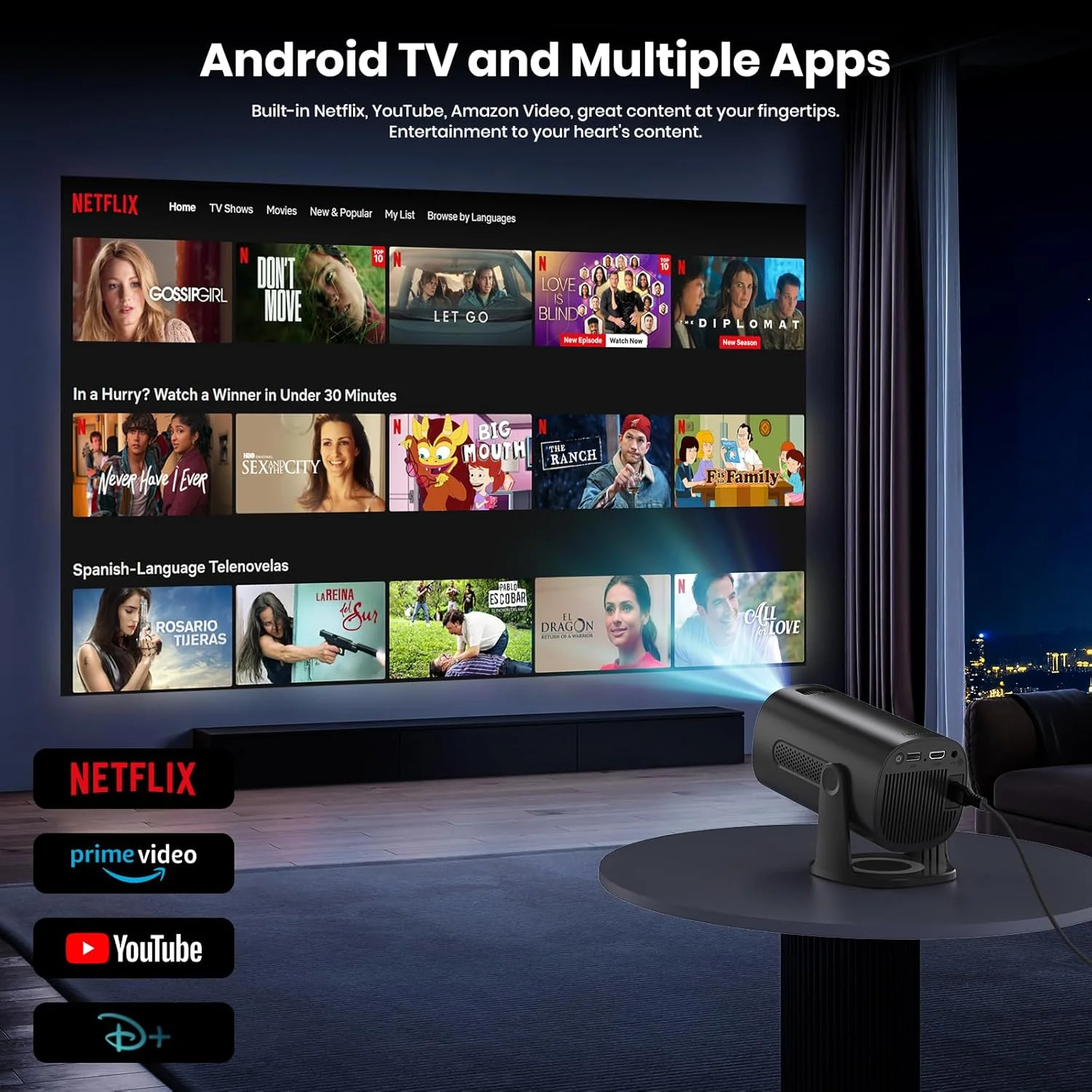 پروژکتور هوشمند با سیستم عامل هوشمند و برنامه های داخلی، وای فای و بلوتوث، پشتیبانی از کیفیت 1080P FHD 4K، با اصلاح خودکار Keystone، بلندگوی استریو، سازگار با HDMI/TV Stick/USB، پروژکتور قابل حمل، مشکی