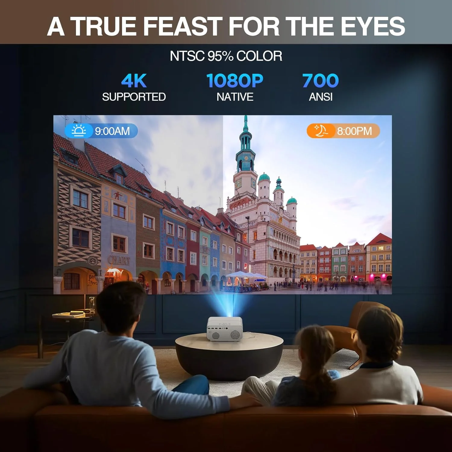 پروژکتور با فوکوس خودکار/پشتیبانی از 4K، پروژکتور فیلم 700ANSI Native 1080P مناسب فضای باز با فوکوس خودکار/4P6D Keystone/بزرگنمایی 50٪/PPT، پروژکتور قابل حمل DBPOWER برای iOS/Android/TV Stick