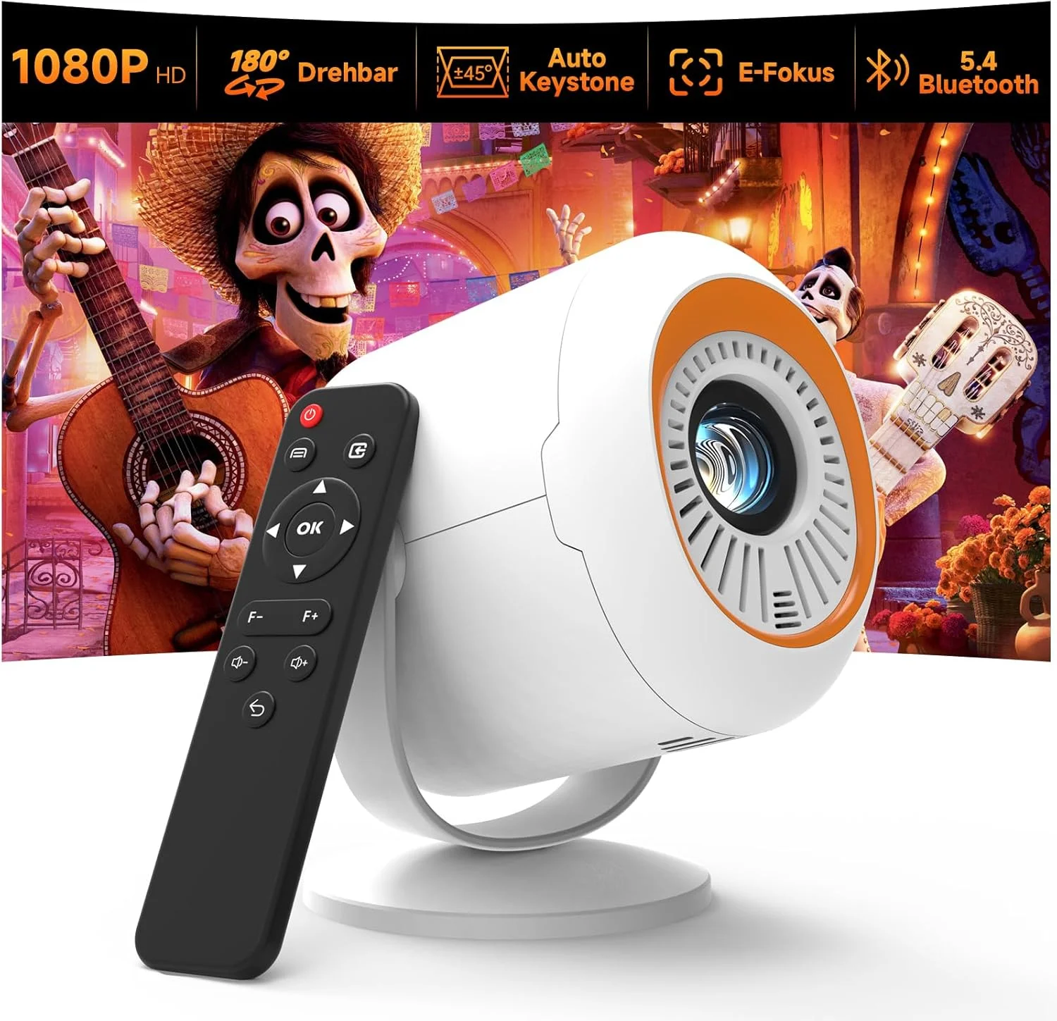 پروژکتور مینی بلوتوث و وای فای، فوکوس الکتریکی خودکار، Full HD 1080P 20000 لومن، پروژکتور مینی 4K پشتیبانی شده، پروژکتور قابل حمل با حجم کوچک برای سینمای خانگی اتاق خواب باغ (سفید)