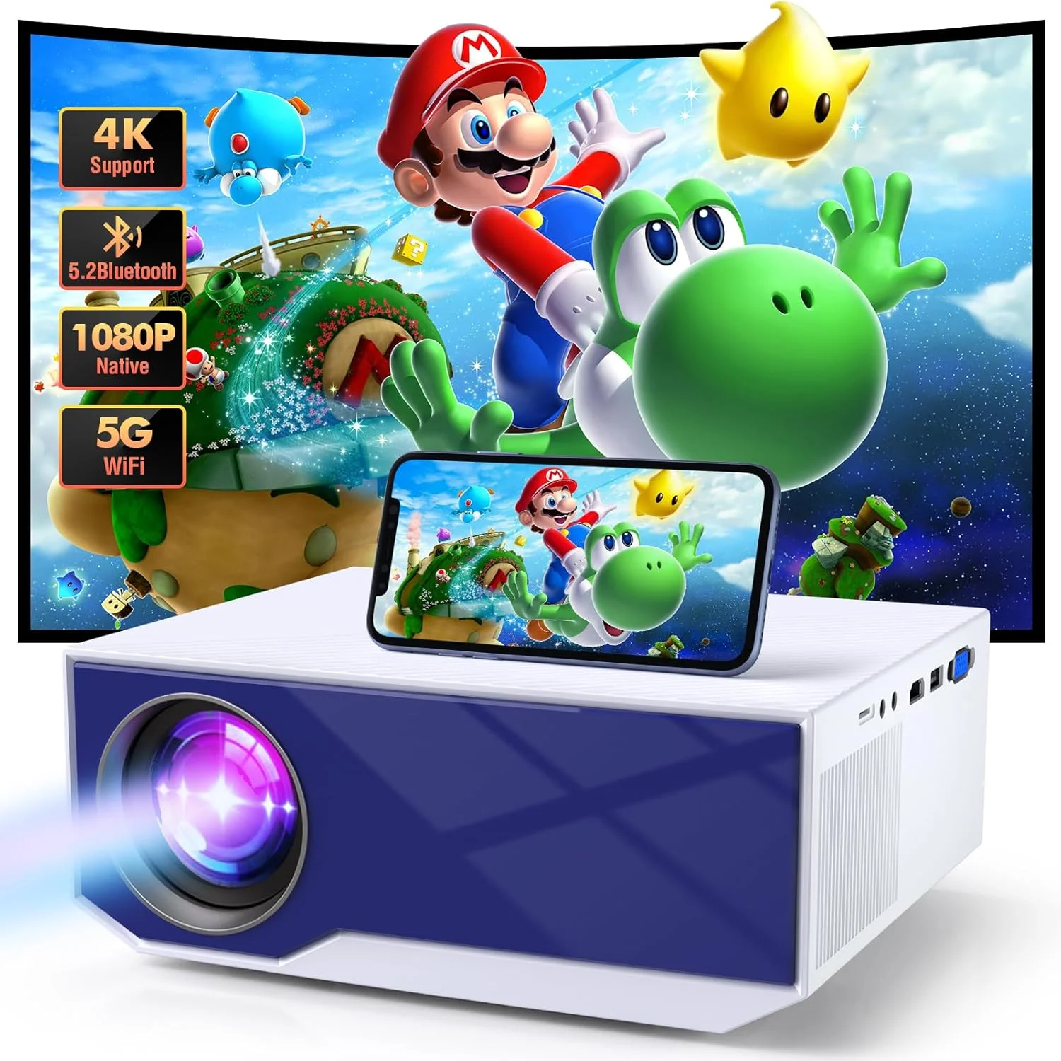 پروژکتور با بلوتوث و وای‌فای، پشتیبانی از 1080P واقعی و 4K، 15000 لومن، پروژکتور سینمای خانگی قابل حمل، اندازه تصویر 30-300 اینچ، سازگار با iOS/Android/لپ‌تاپ/HDMI/PC/TV Stick/USB (آبی)