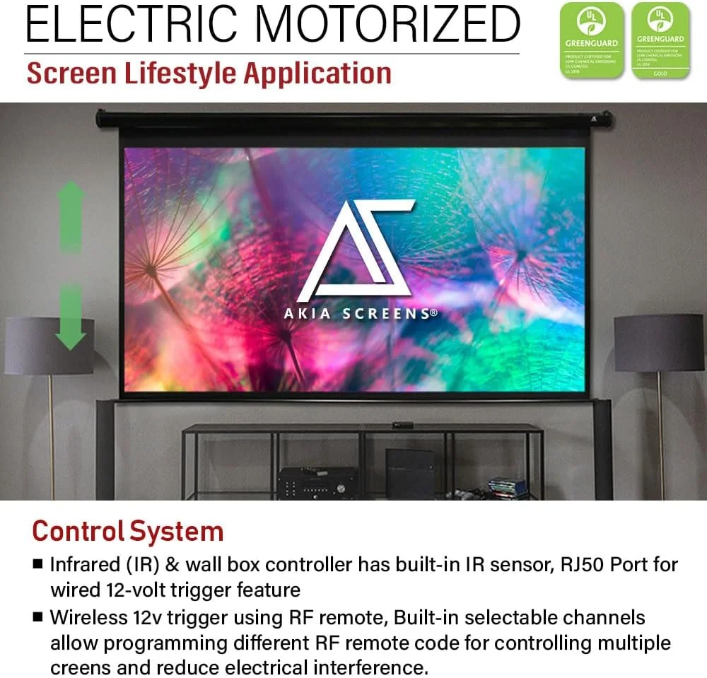 پرده نمایش پروژکتور 125 اینچی آکیا، موتورایز، با قابلیت جمع شدن برقی و کنترل از راه دور، نسبت تصویر 16:9، کیفیت 8K 4K HD 3D، قابل نصب روی دیوار یا سقف، مناسب برای دفتر کار، منزل و سینمای خانگی، مدل AK-MOTORIZE125H2