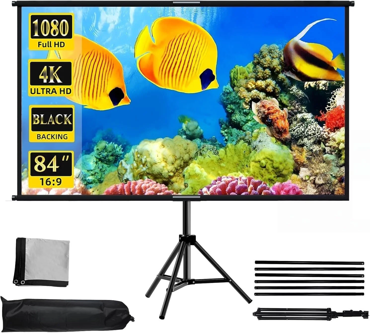 پرده نمایش پروژکتور 2 در 1، 84 اینچ، 16:9، قابل حمل با پایه سه پایه و کیف حمل، مناسب برای سینمای خانگی داخلی و خارجی، حیاط خلوت و مسافرت