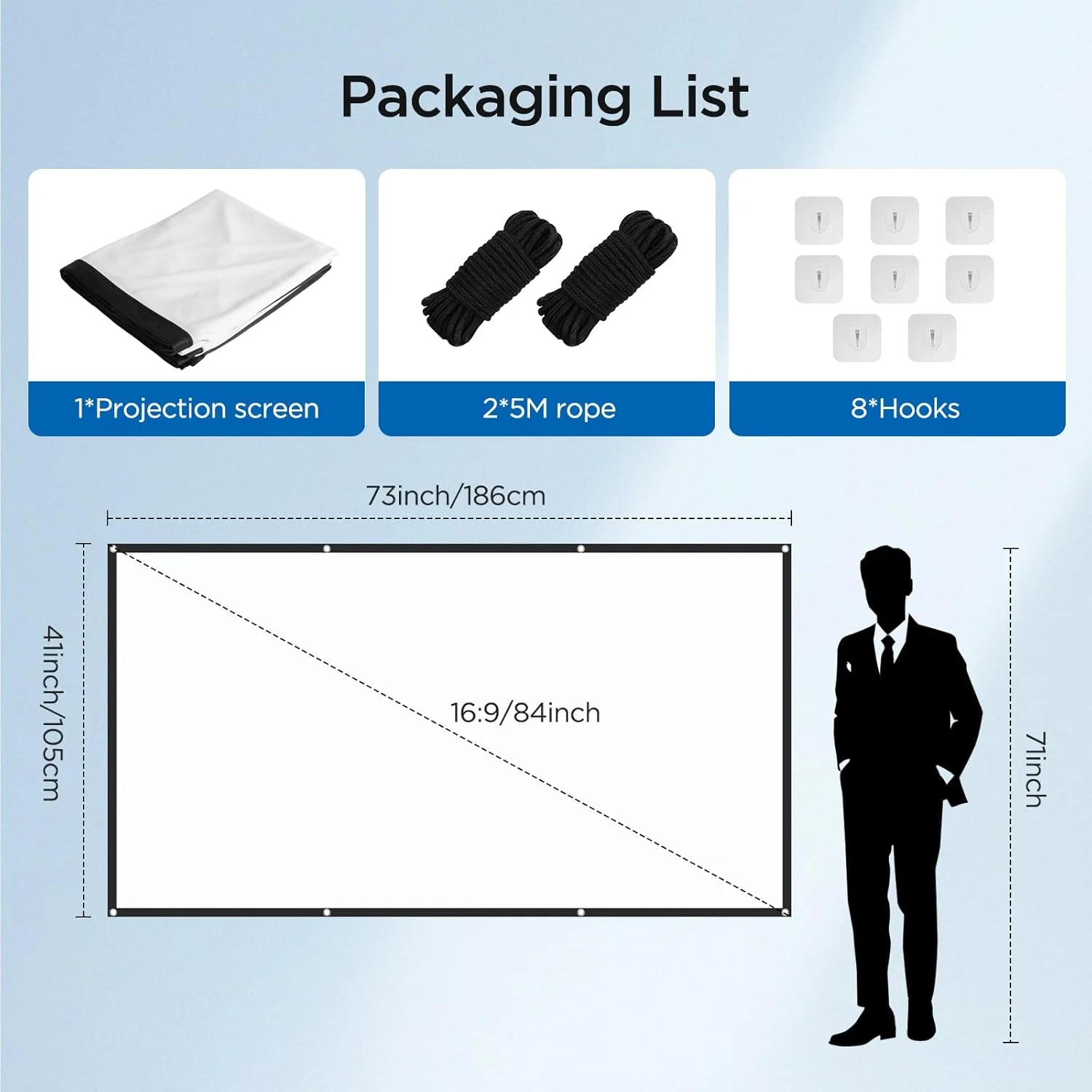 پرده نمایش پروژکتور AiQInu سایز 84 اینچ، نسبت تصویر 16:9 HD، ضد چروک و تاشو، پرده نمایش قابل حمل برای سینمای خانگی، جلسات و فضای باز، خانه و مدرسه