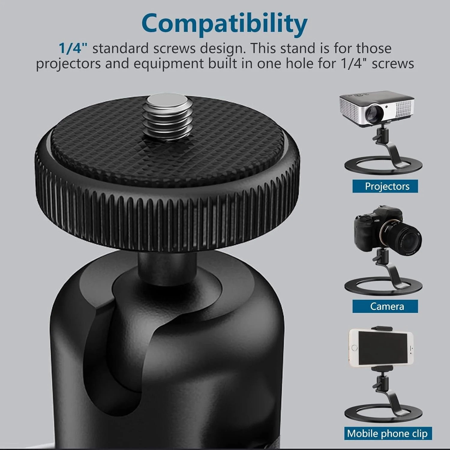 پایه رومیزی آلومینیومی مینی پروژکتور با قابلیت چرخش 360 درجه و پیچ اتصال 1/4 اینچی، پایه نگهدارنده پروژکتور رومیزی آلیاژ آلومینیوم برای پروژکتورها، میکروفون، دوربین ها و وب کم